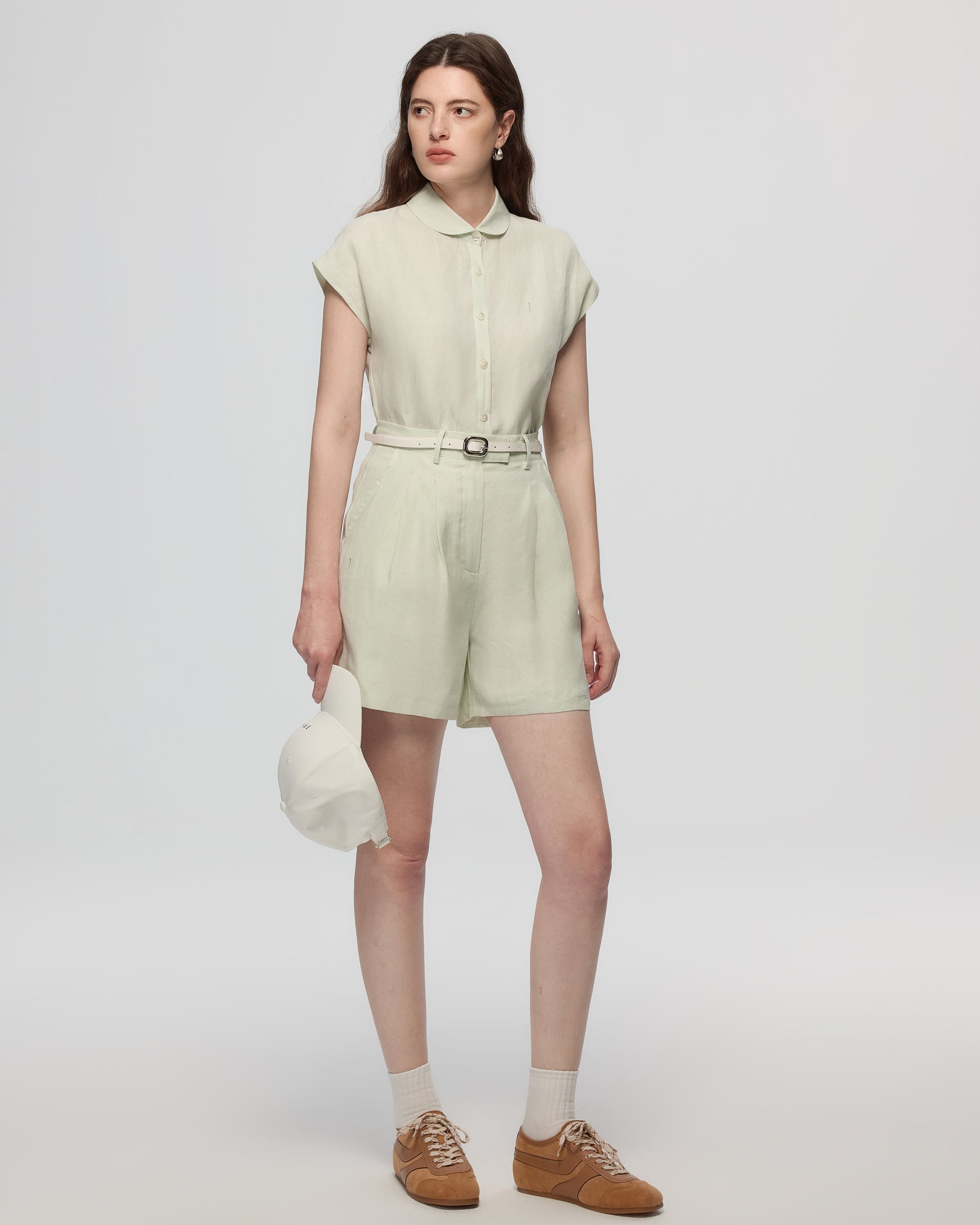 Juana Hemp Retreat Shorts light mint (hemp) on model featuring relaxed fit and airy drape