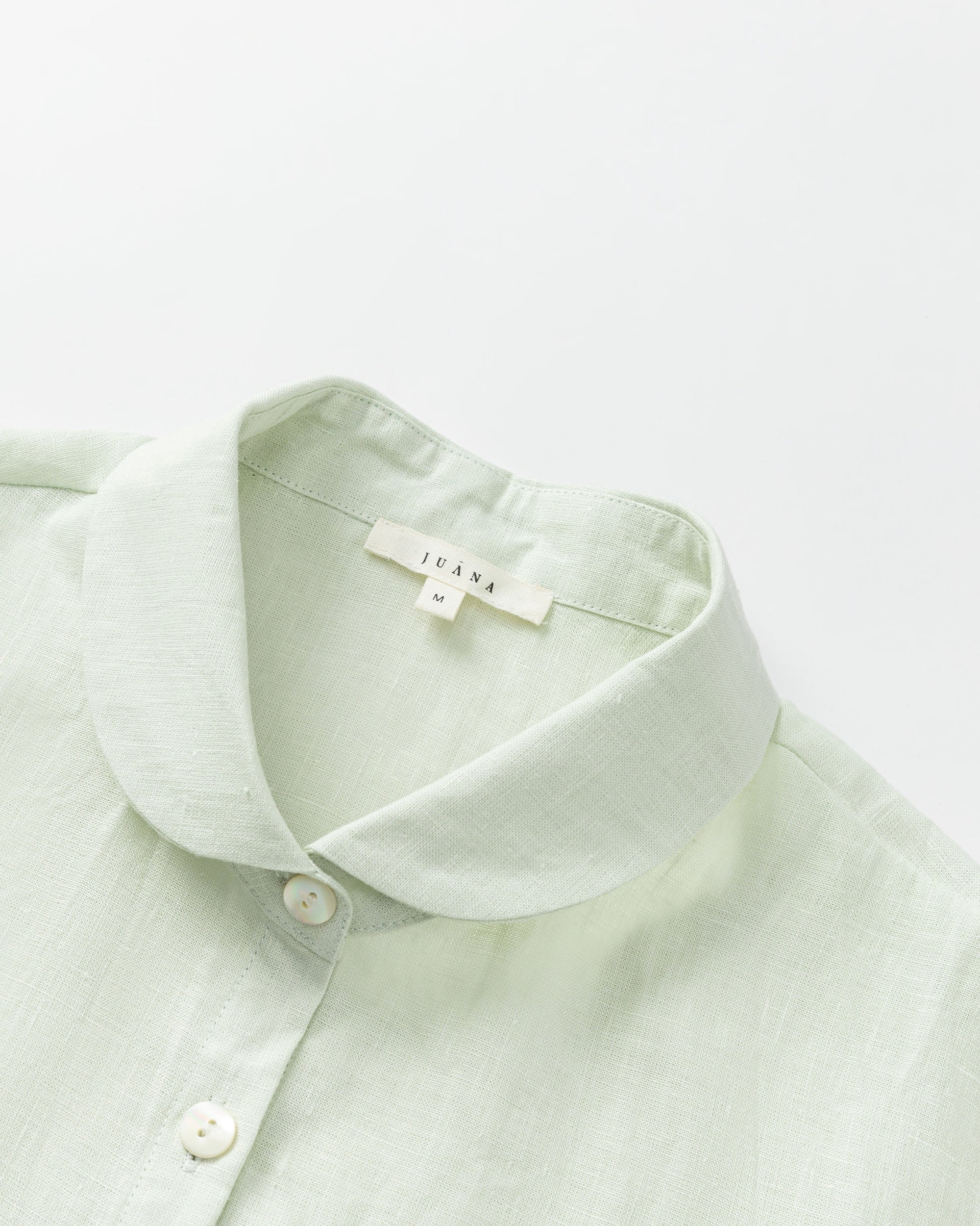 Juana Hemp Retreat Top light mint (hemp–hemp) shell buttons and button-front placket detail