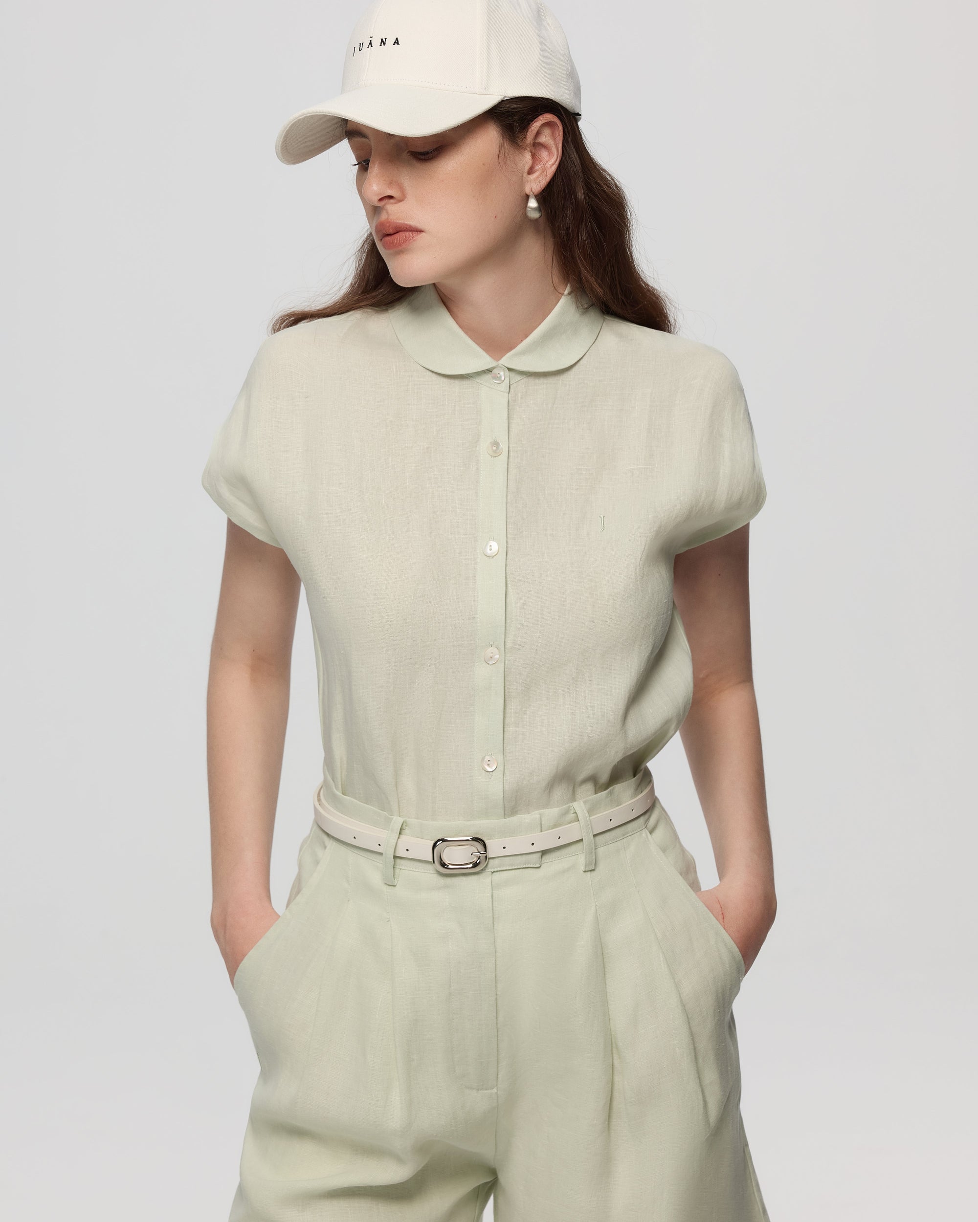 Juana Hemp Retreat Top light mint (hemp) styled look highlighting drop-shoulder shape