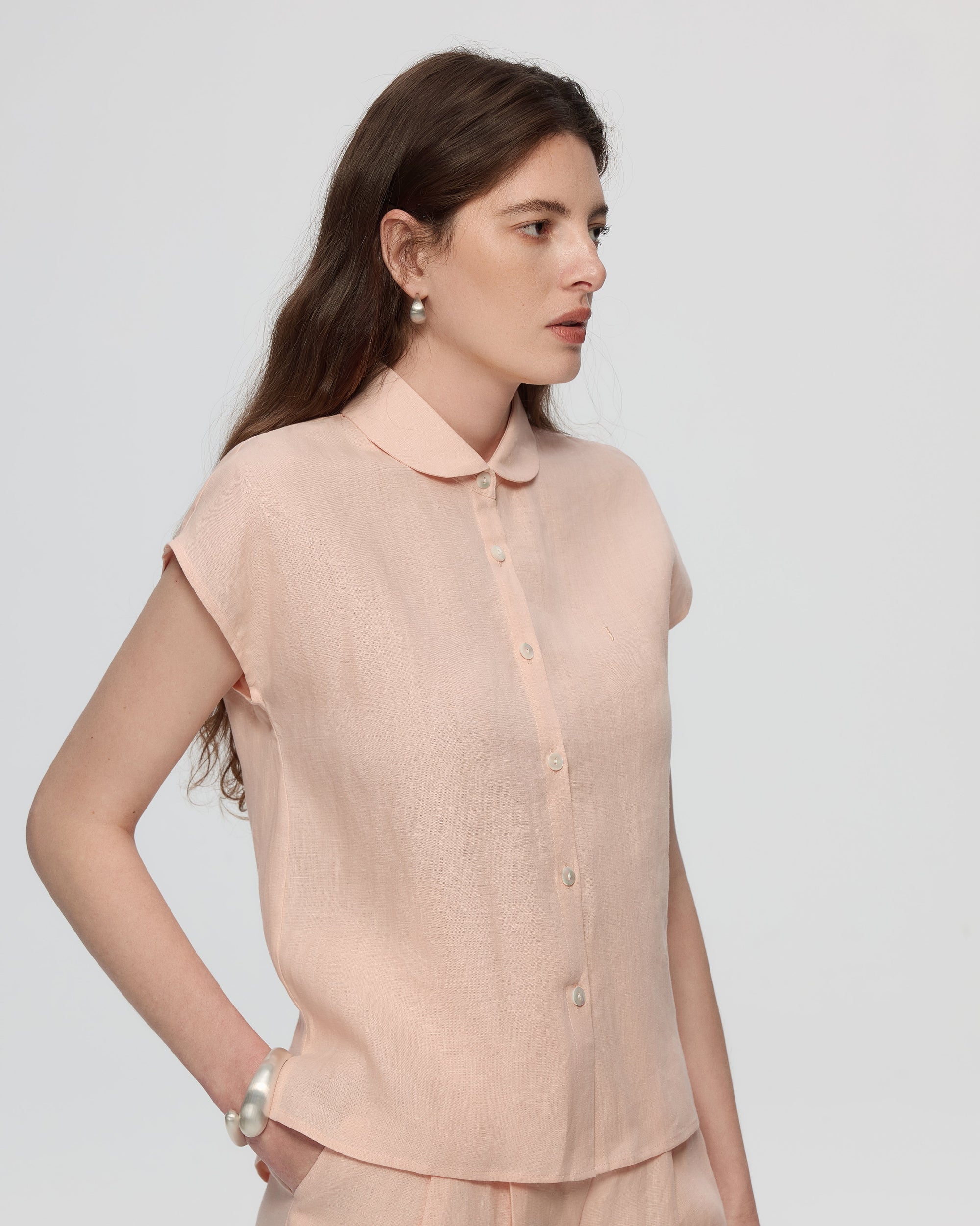 Juana Hemp Retreat Top peach (hemp–hemp) styled look showing button-front finish