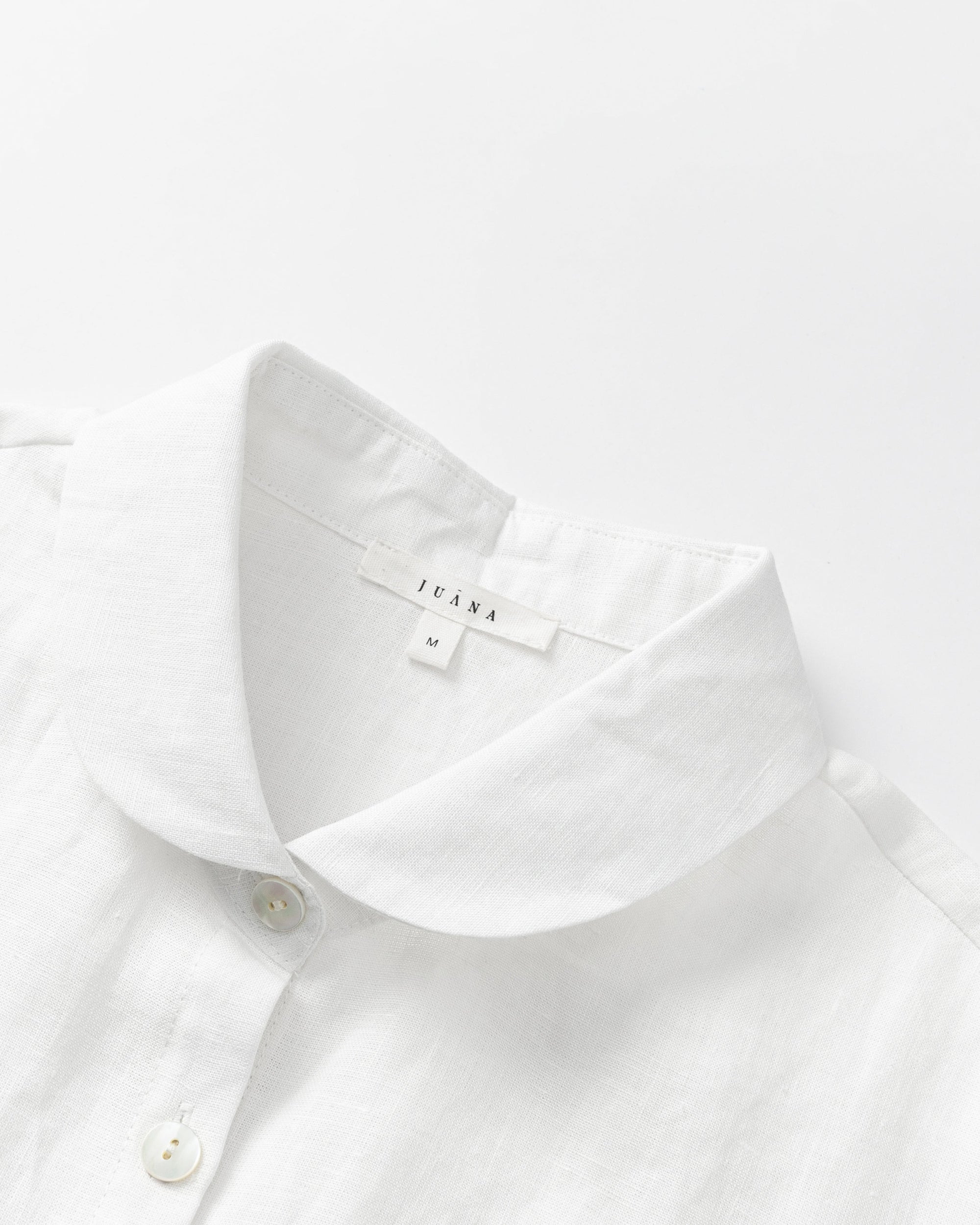 Juana Hemp Retreat Top white (hemp) shell buttons and button-front placket detail