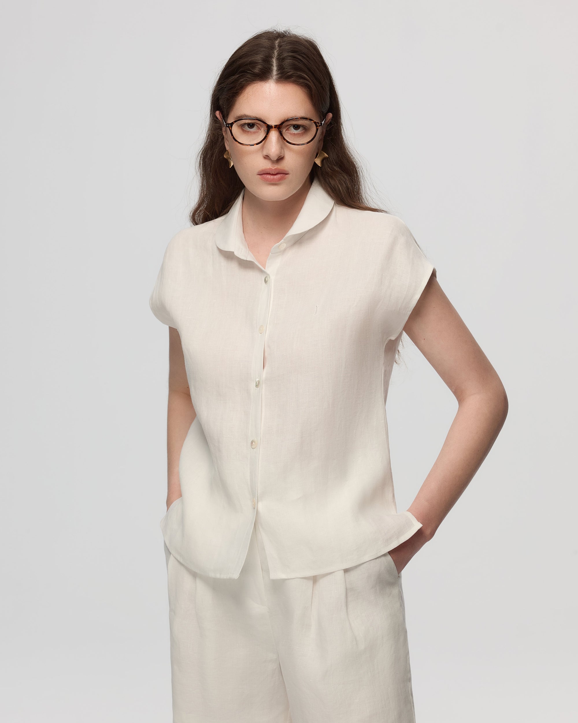 Juana Hemp Retreat Top white (hemp) styled look showing button-front finish