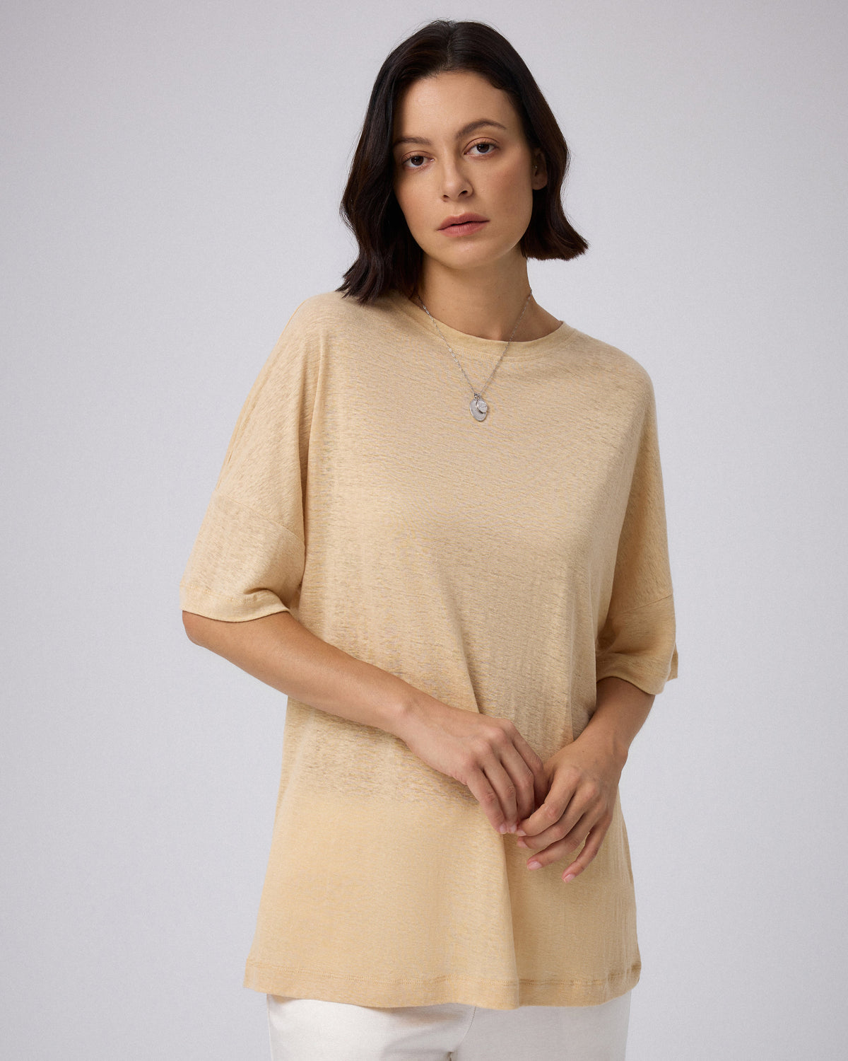 Juana Hemp Sheer Slub Tee beige (hemp) model look showing sheer slub texture