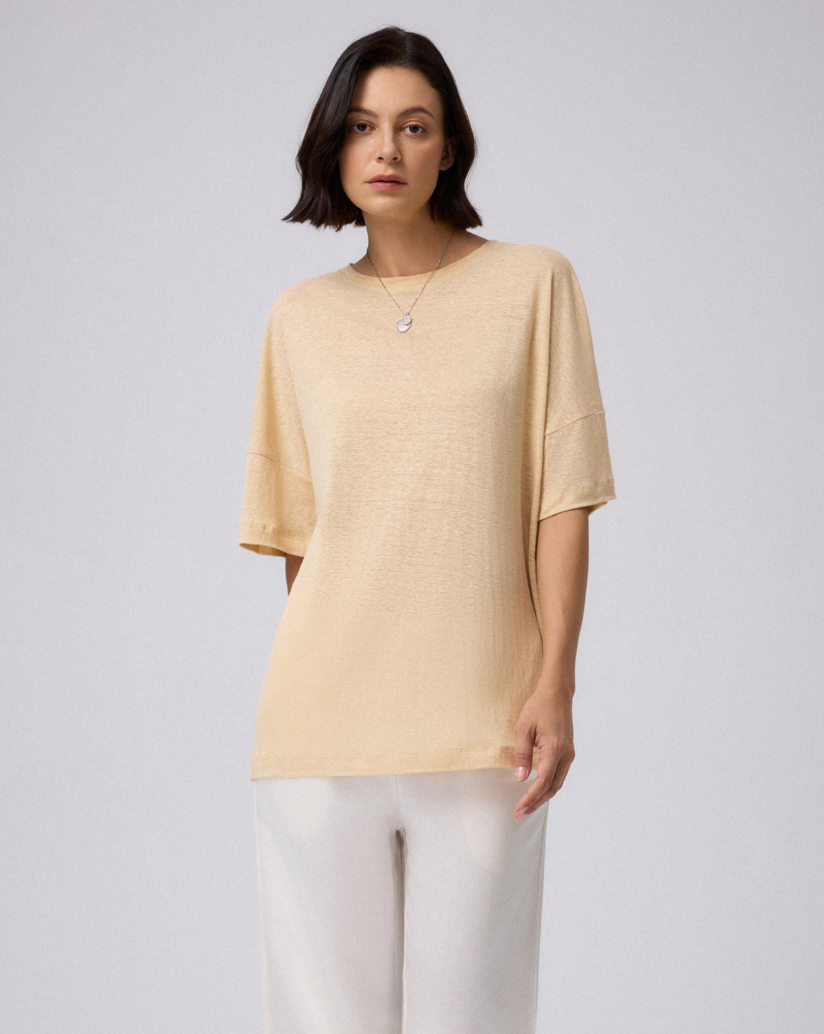 Juana Hemp Sheer Slub Tee beige (hemp) model look showing lightweight drape