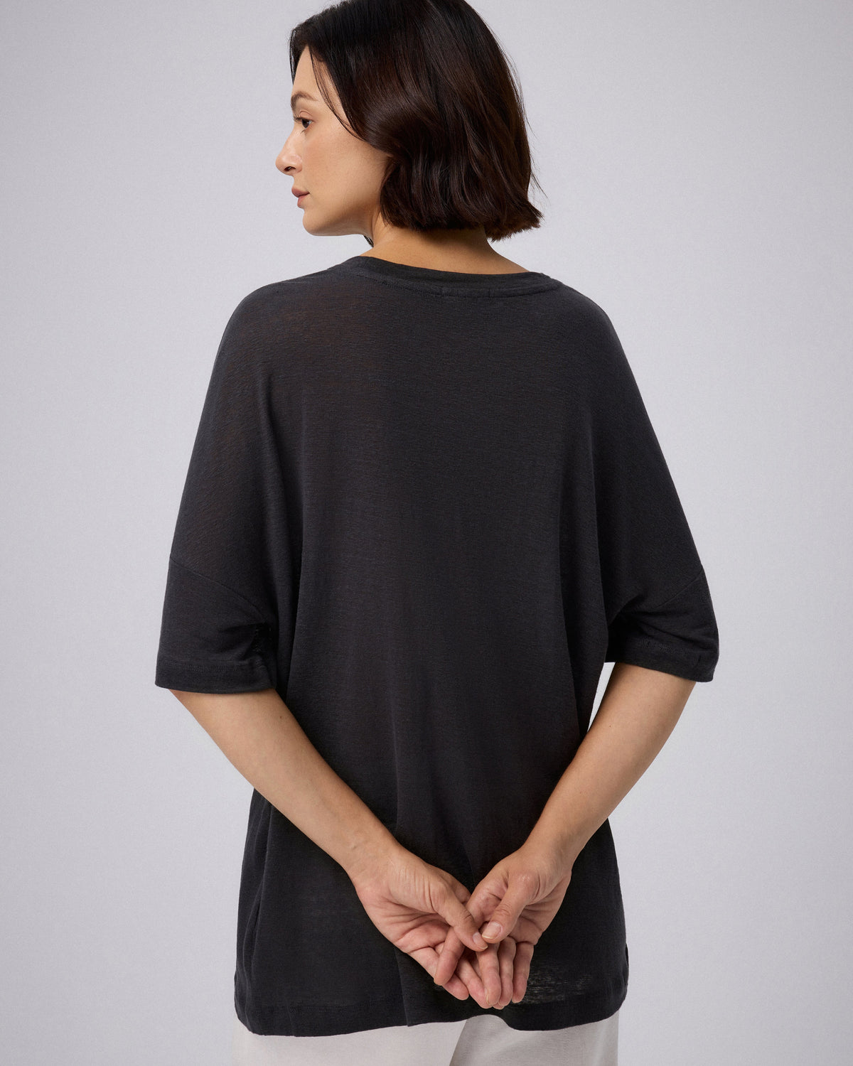 Juana Hemp Sheer Slub Tee black (hemp) model back view showing relaxed fit