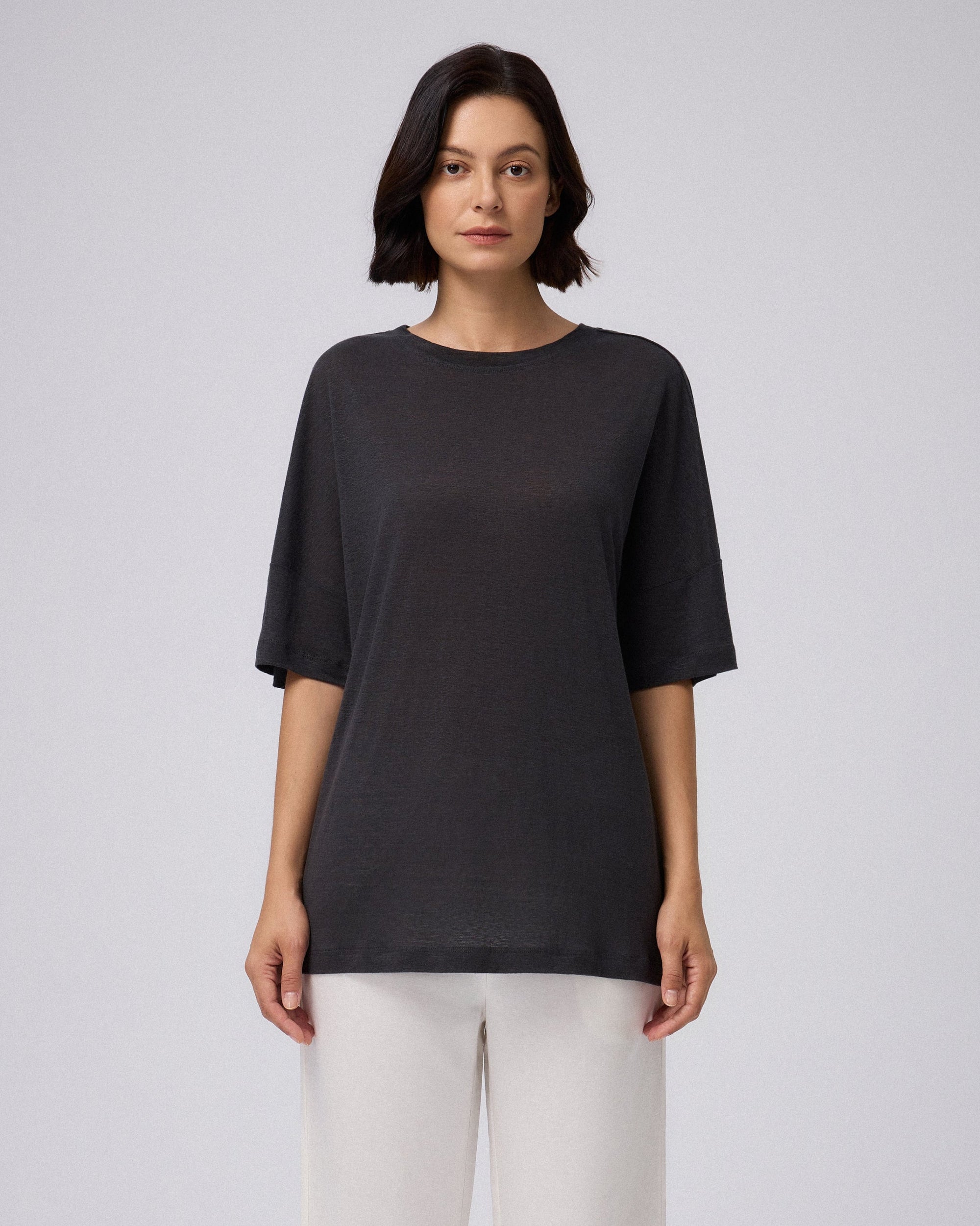 Juana Hemp Sheer Slub Tee black (hemp) complete model look showing effortless styling