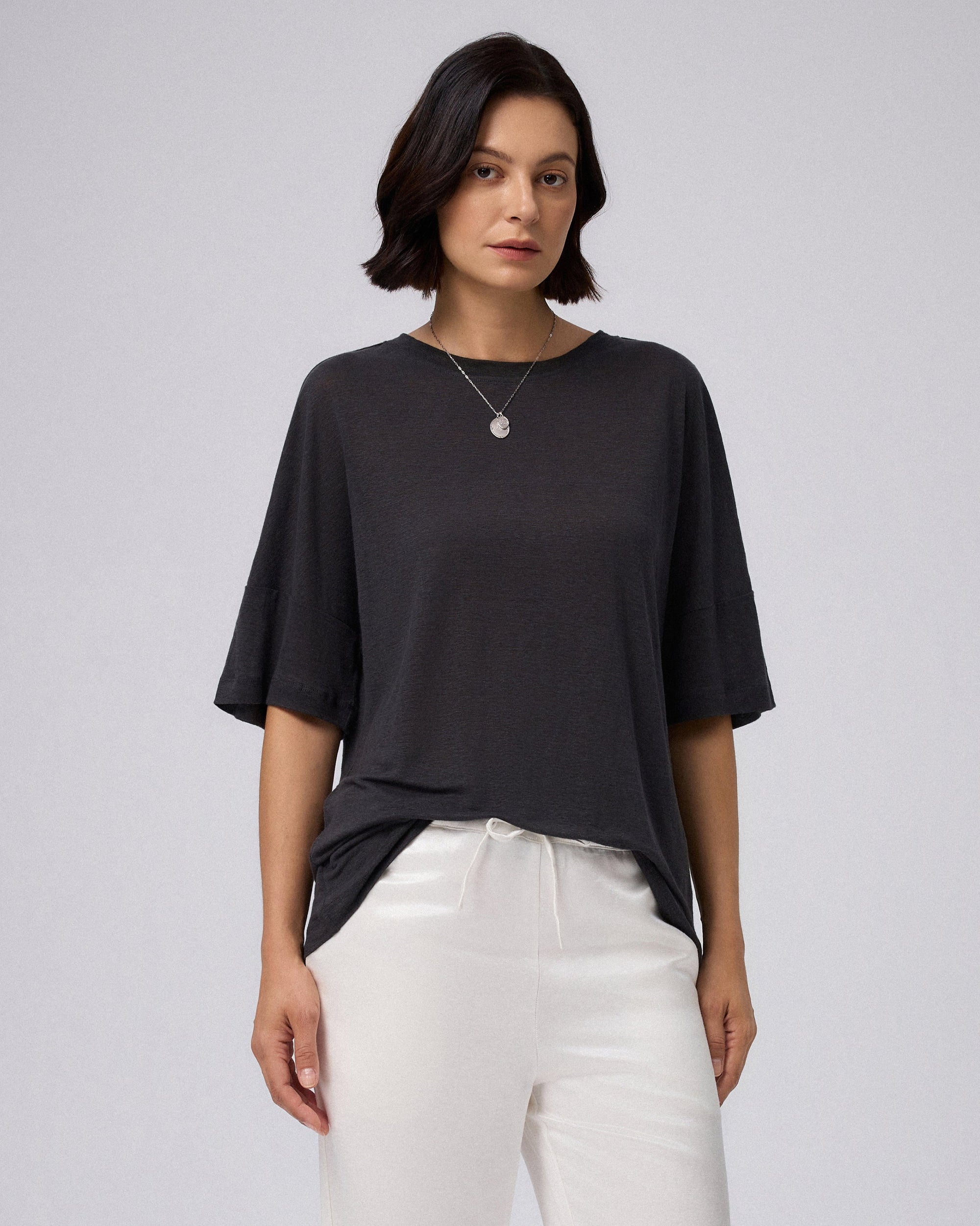 Juana Hemp Sheer Slub Tee black (hemp) model look showing sheer slub texture
