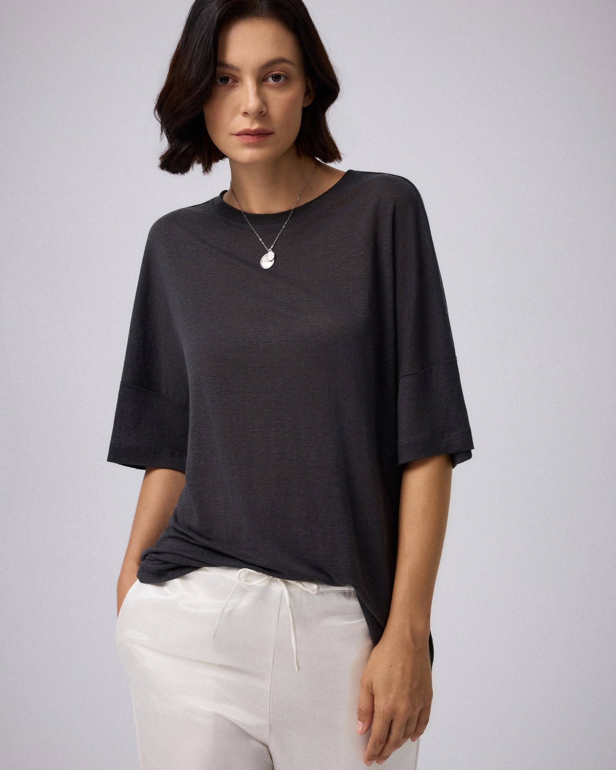 Juana Hemp Sheer Slub Tee black (hemp) model main view showing relaxed fit