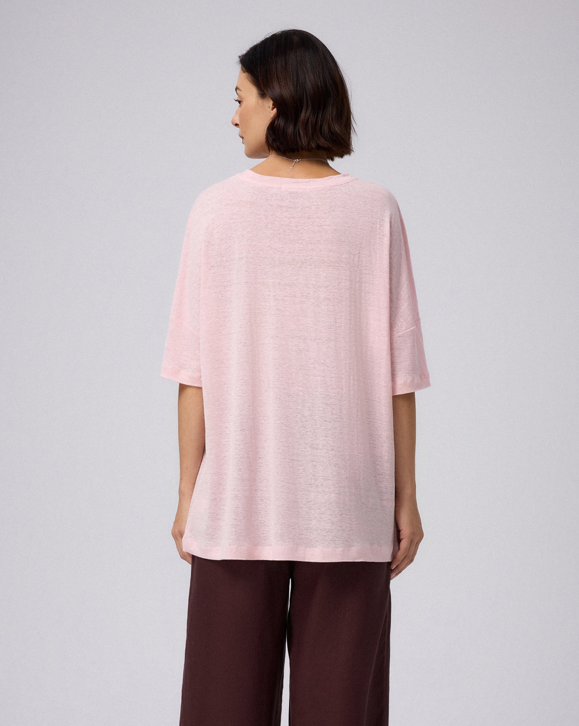 Juana Hemp Sheer Slub Tee cactus flower (hemp) model back view showing relaxed fit
