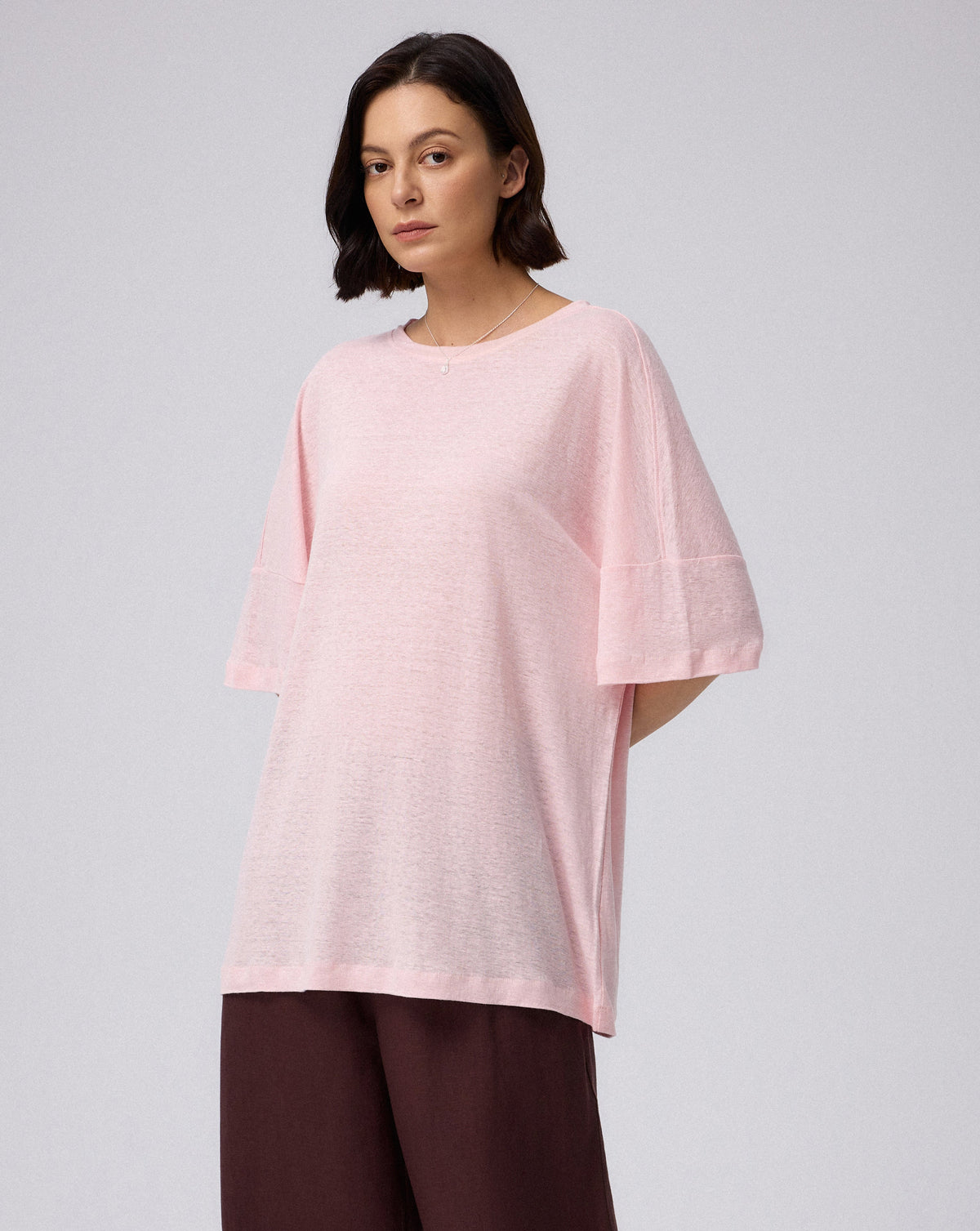 Juana Hemp Sheer Slub Tee cactus flower (hemp) model detail showing sheer slub knit