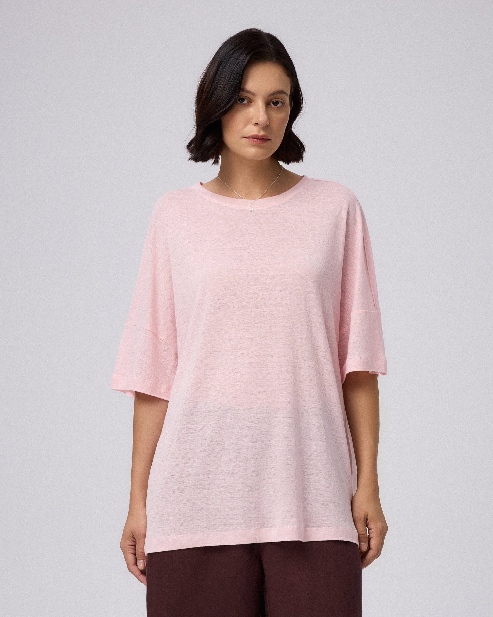 Juana Hemp Sheer Slub Tee cactus flower (hemp) model look showing sheer slub texture
