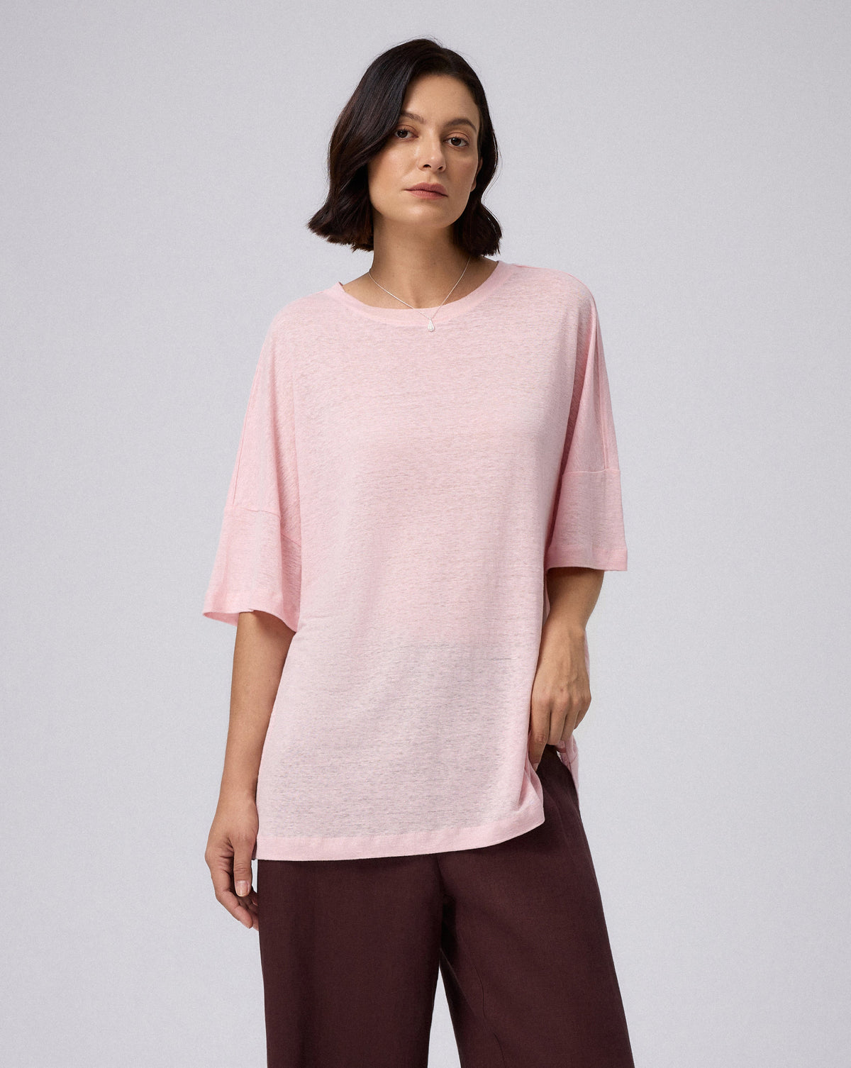 Juana Hemp Sheer Slub Tee cactus flower (hemp) model look showing lightweight drape