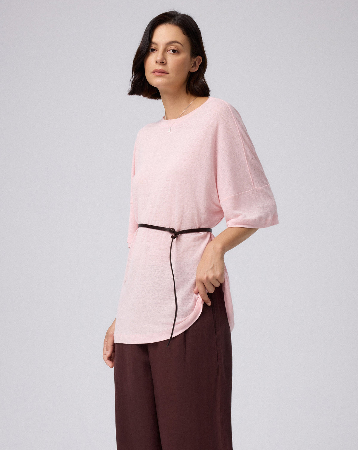 Juana Hemp Sheer Slub Tee cactus flower (hemp) model side view showing easy drape
