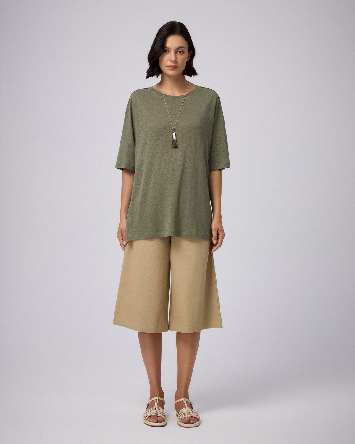 Juana Hemp Sheer Slub Tee olive (hemp) complete model look showing effortless styling