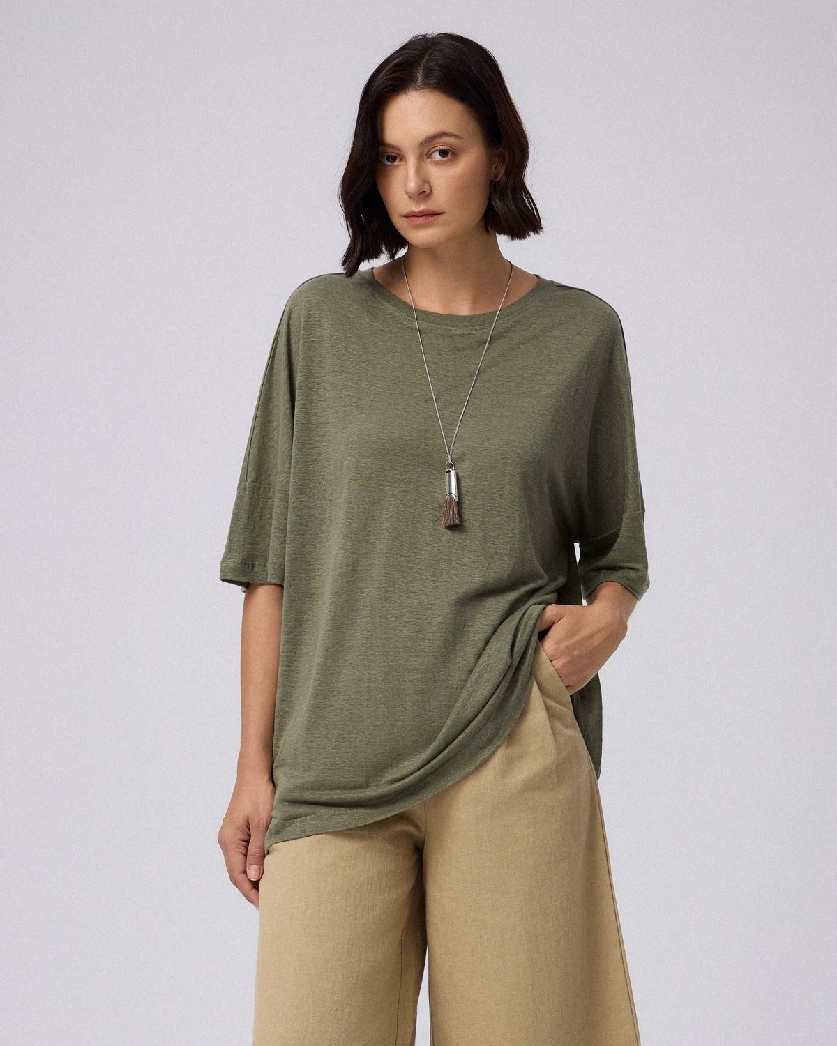 Juana Hemp Sheer Slub Tee olive (hemp) model look showing sheer slub texture