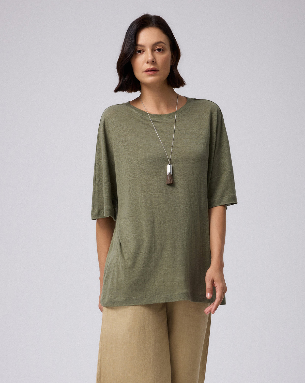Juana Hemp Sheer Slub Tee olive (hemp) model look showing lightweight drape
