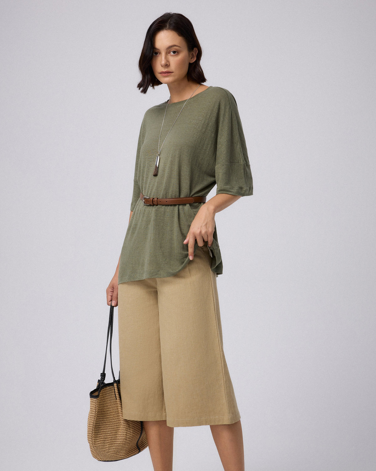 Juana Hemp Sheer Slub Tee olive (hemp) model main view showing relaxed fit