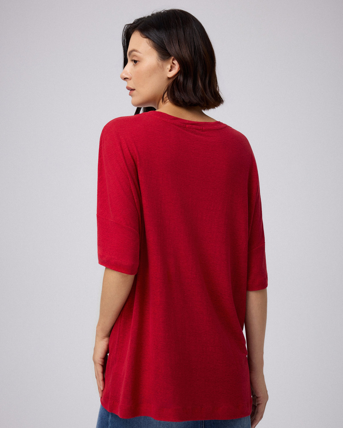 Juana Hemp Sheer Slub Tee true red (hemp) model back view showing relaxed fit