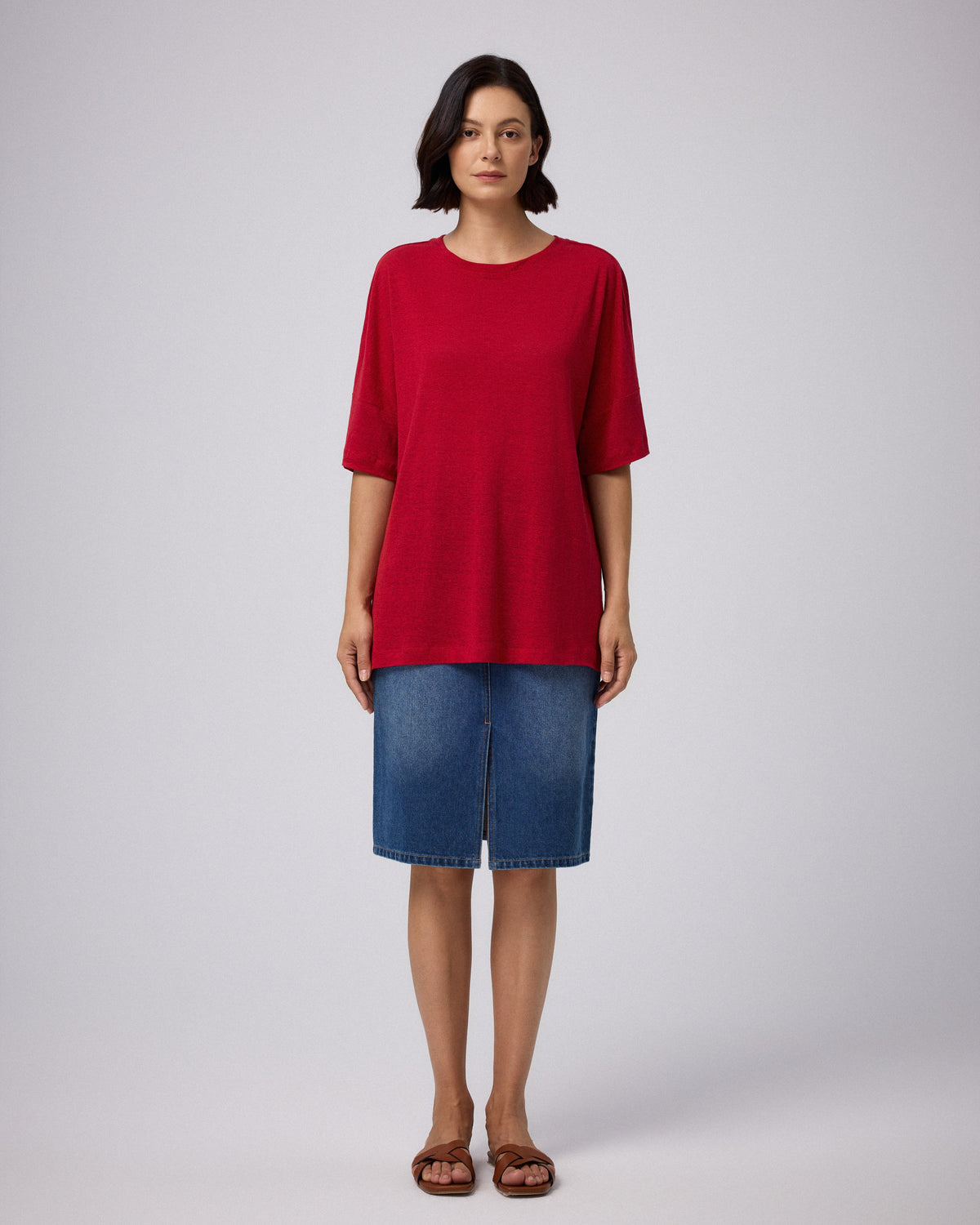Juana Hemp Sheer Slub Tee true red (hemp) complete model look showing effortless styling