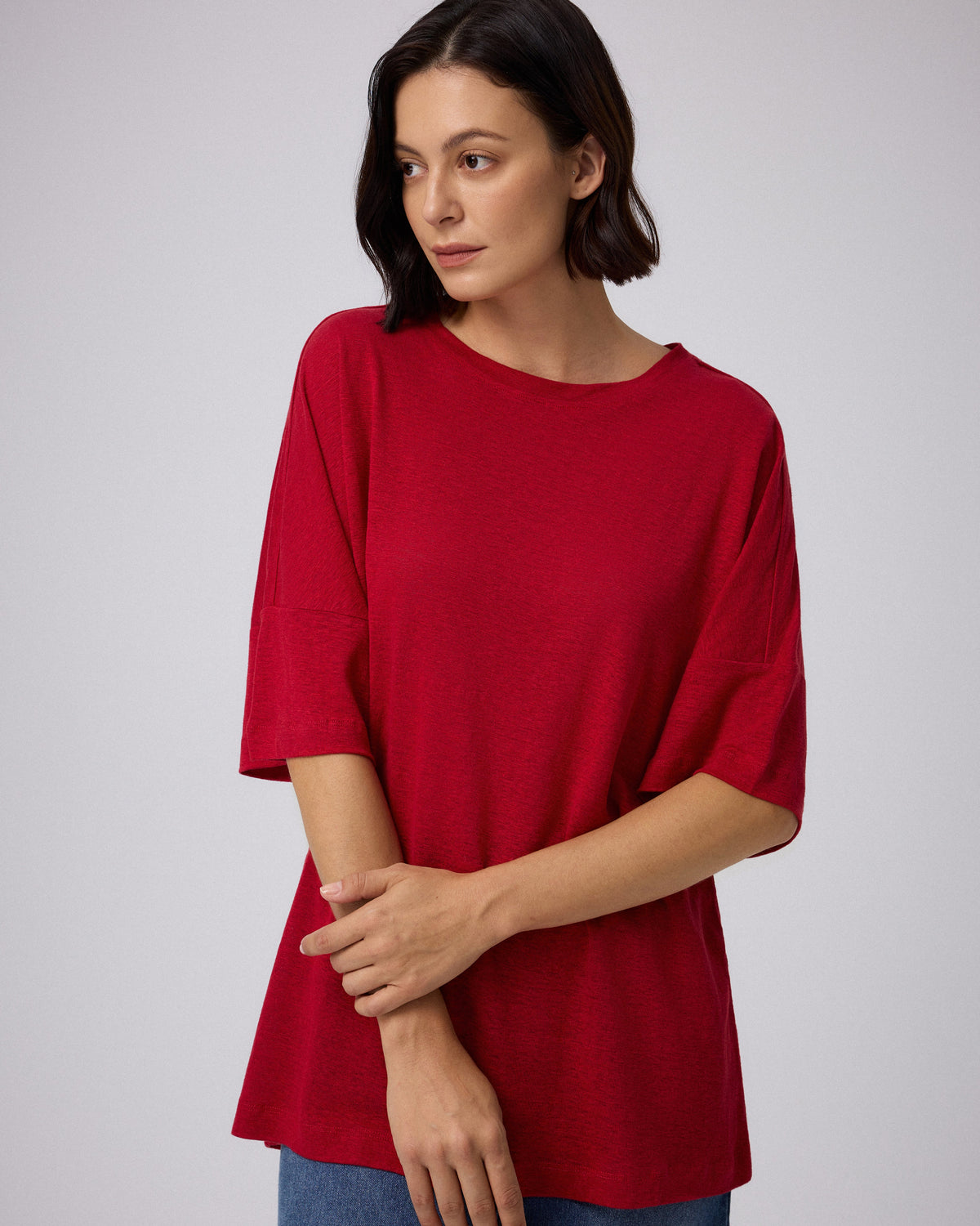 Juana Hemp Sheer Slub Tee true red (hemp) model detail showing sheer slub knit