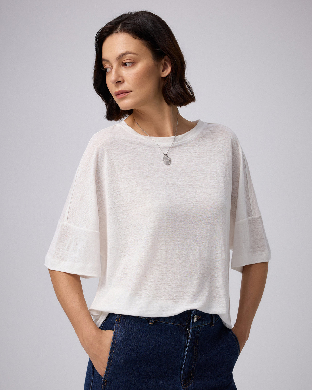 Juana Hemp Sheer Slub Tee white (hemp) model side view showing easy drape