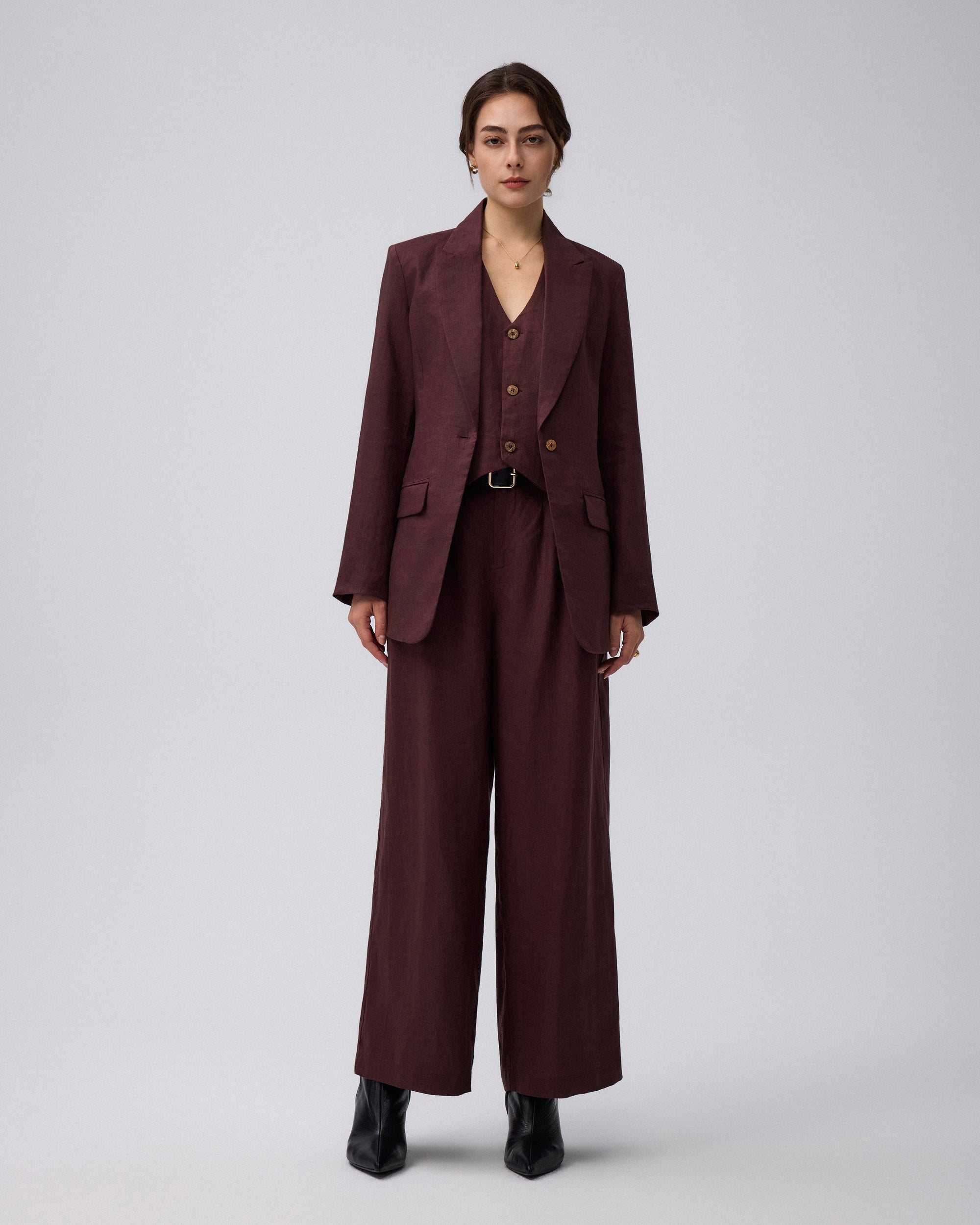 Juana Hemp Tailored Blazer in espresso (hemp) styled open to show its easy drape and fully lined construction
