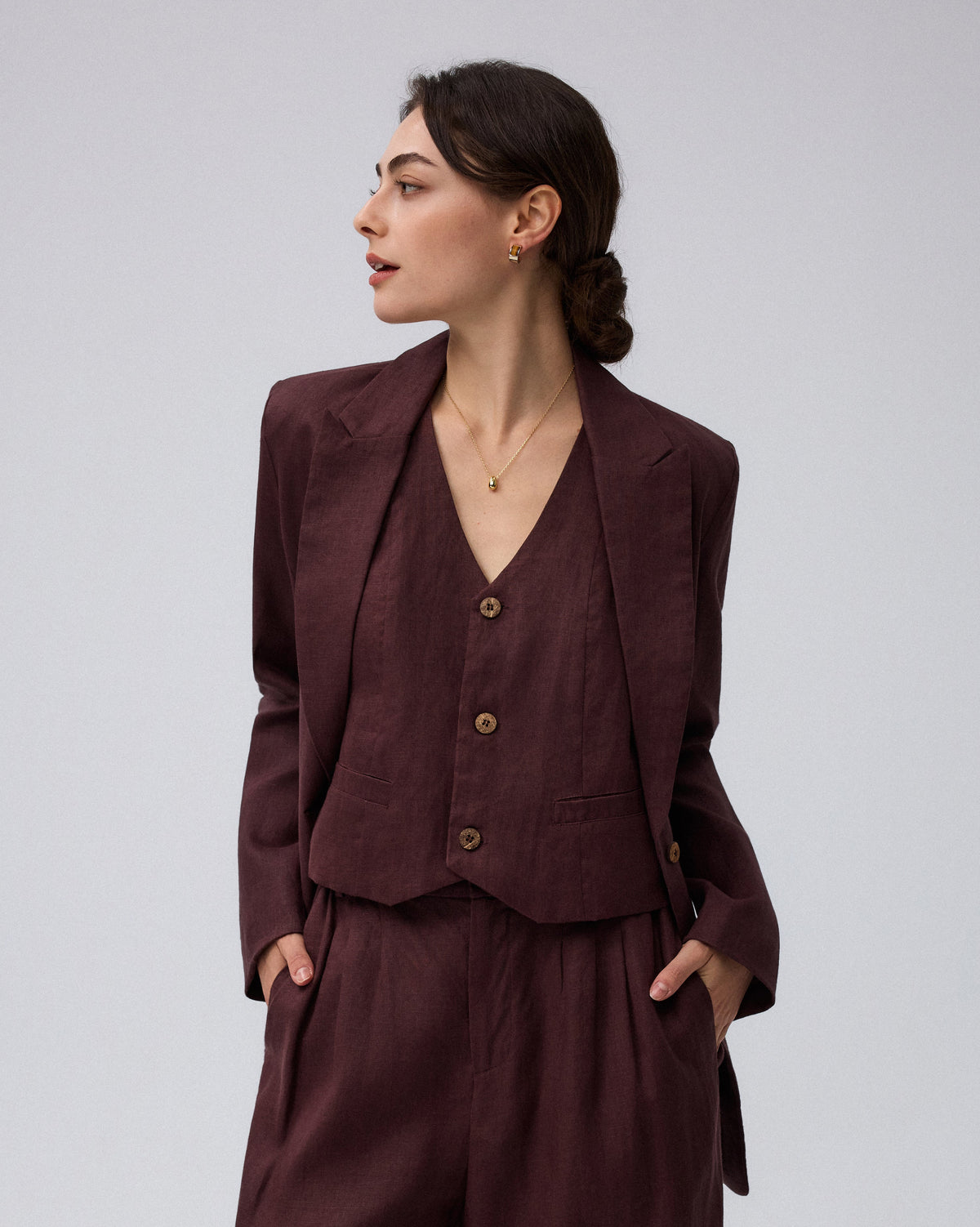 Juana Hemp Tailored Blazer in espresso (hemp) styled buttoned with deep front pockets and a relaxed silhouette