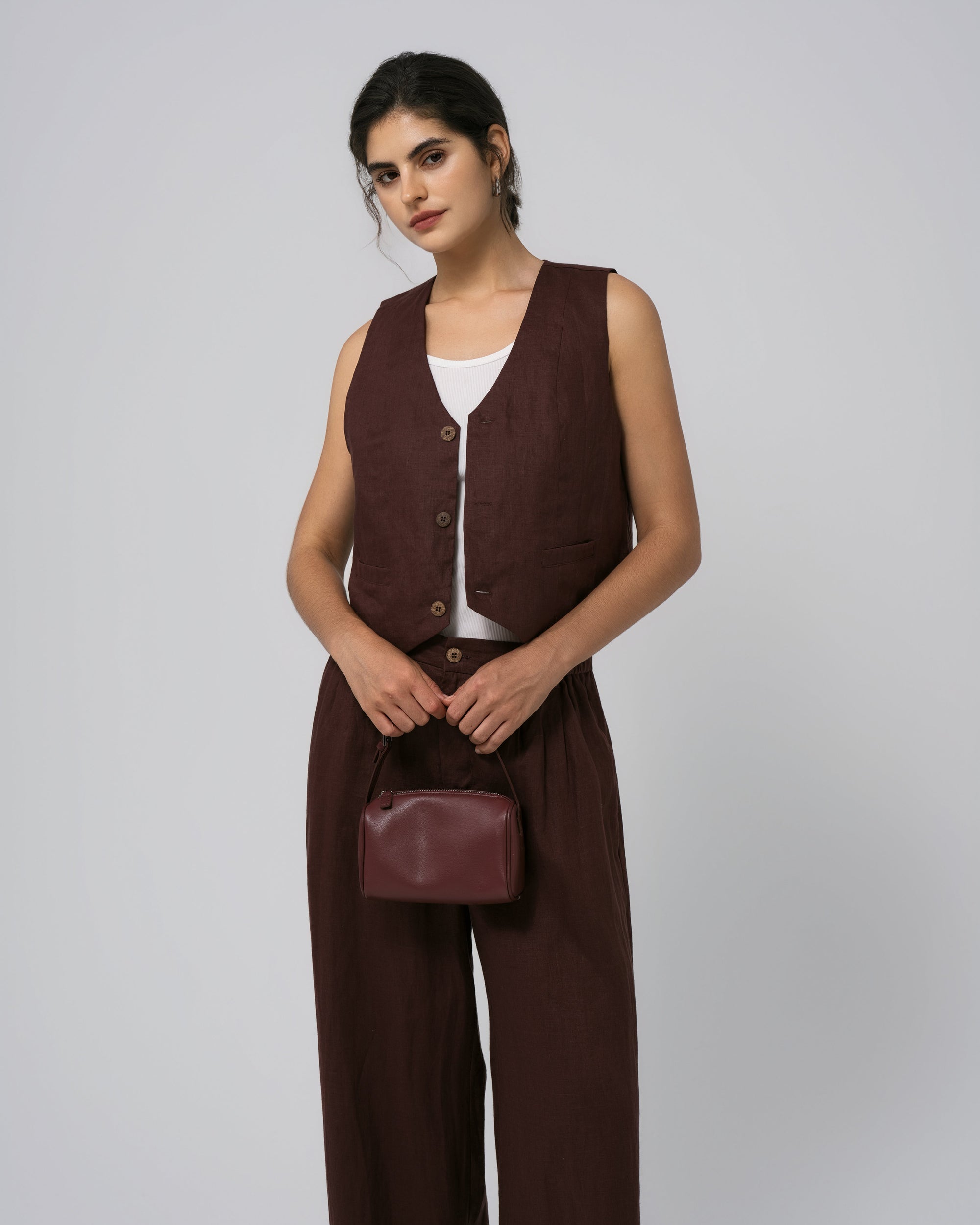 Full-body view featuring Juana Hemp Tailored Vest and High Rise Pants in expresso; seasonless, minimalist outfit.