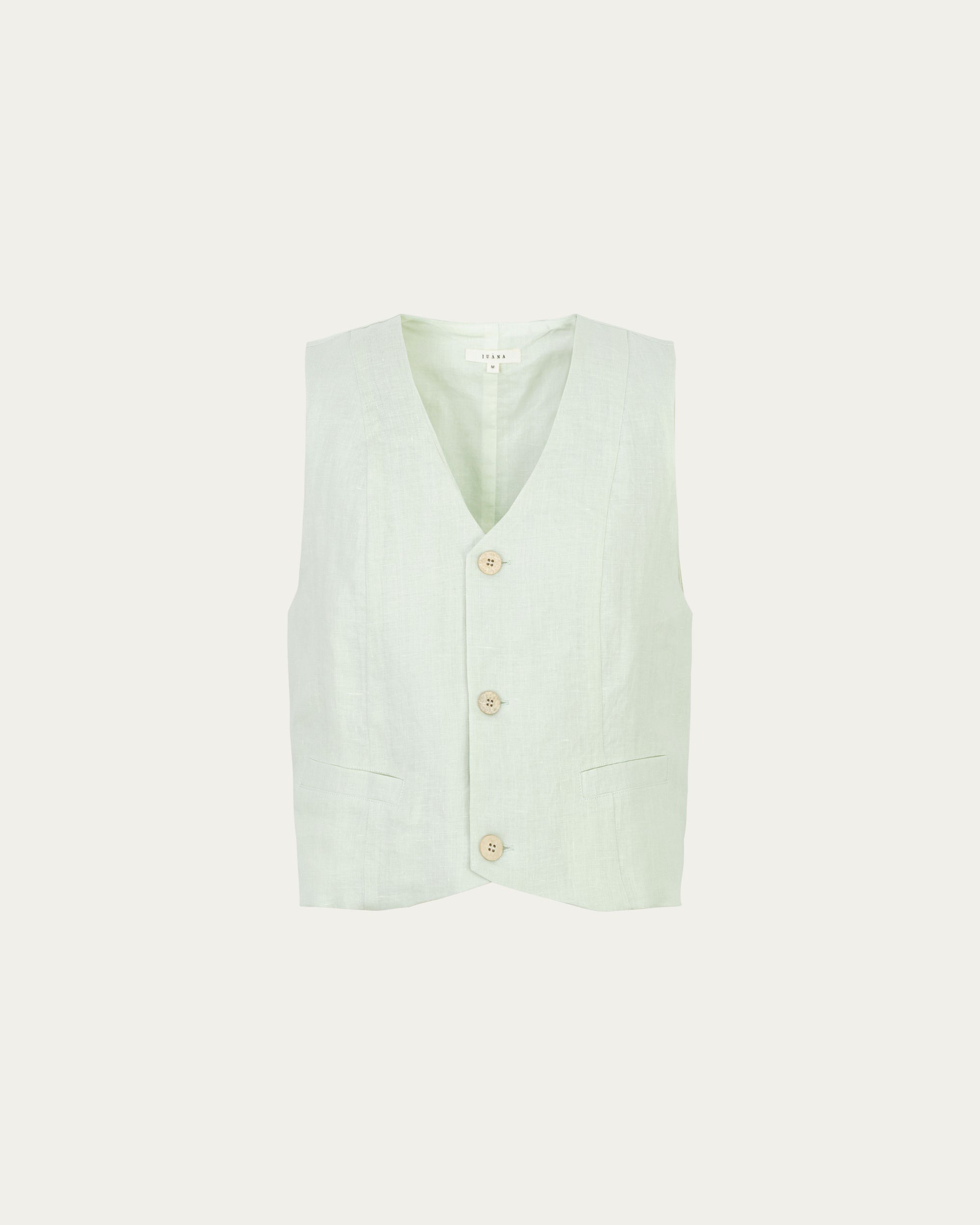 Ghost front of Juana Hemp Tailored Vest in light mint (hemp), showing V-neck and button-front silhouette.