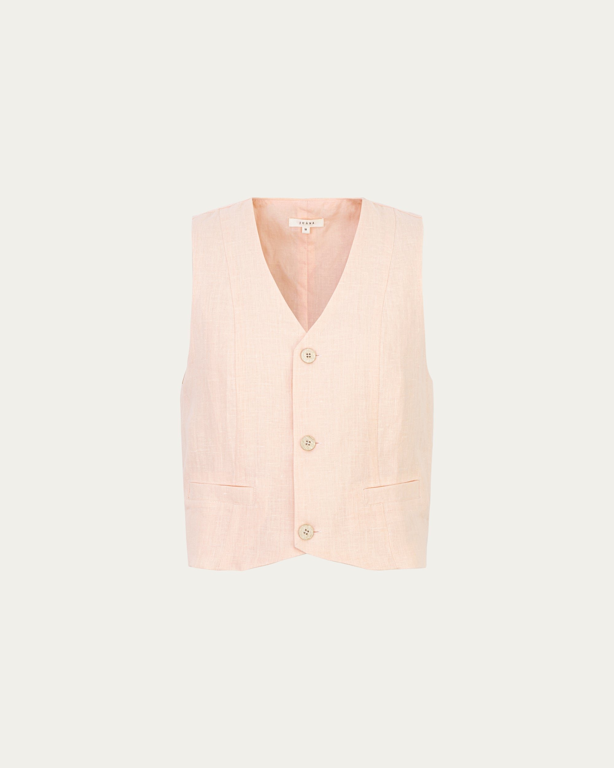 Ghost front of Juana Hemp Tailored Vest in light peach (hemp), showing V-neck and button-front silhouette.