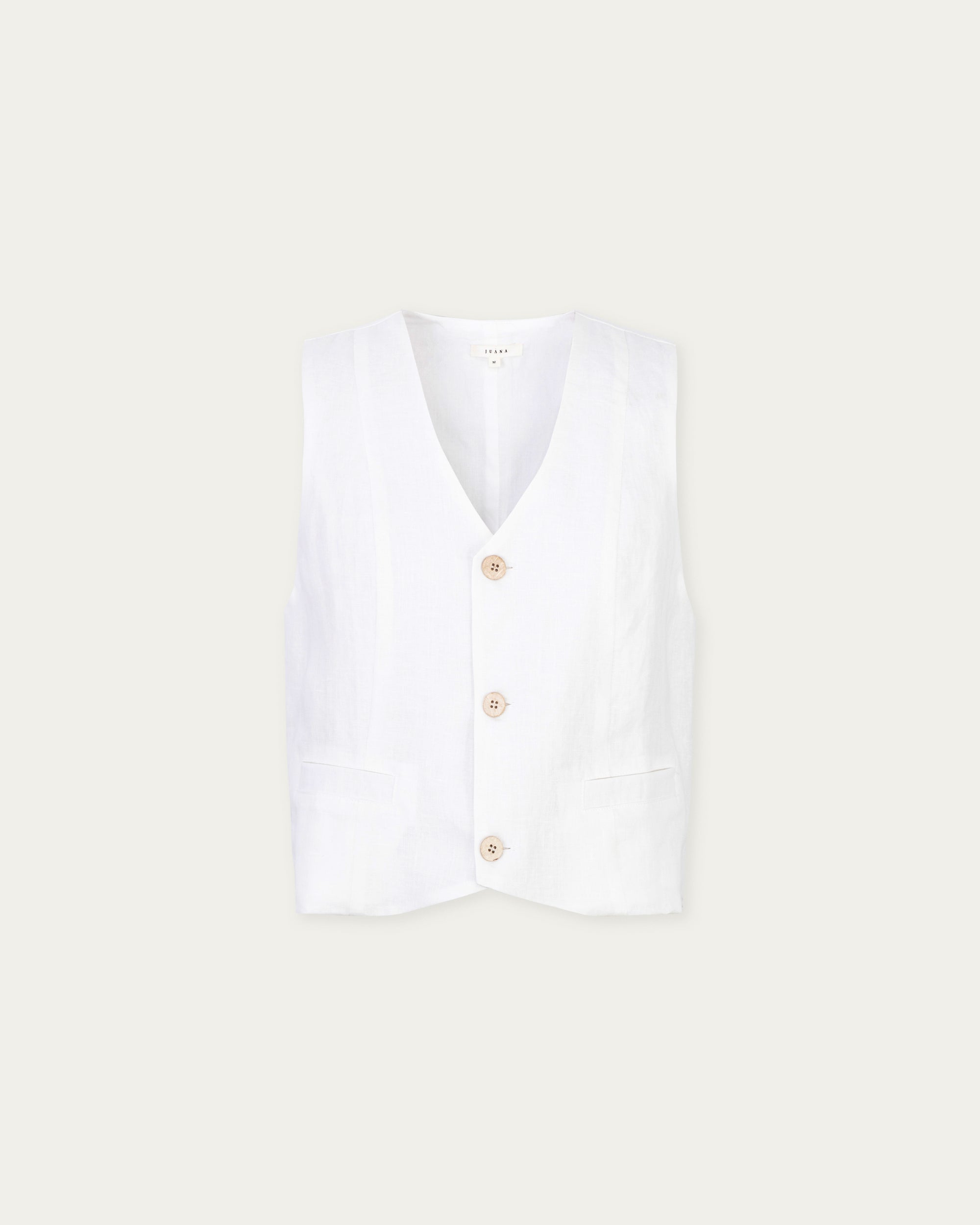 Ghost front of Juana Hemp Tailored Vest in white (hemp), showing V-neck and button-front silhouette.