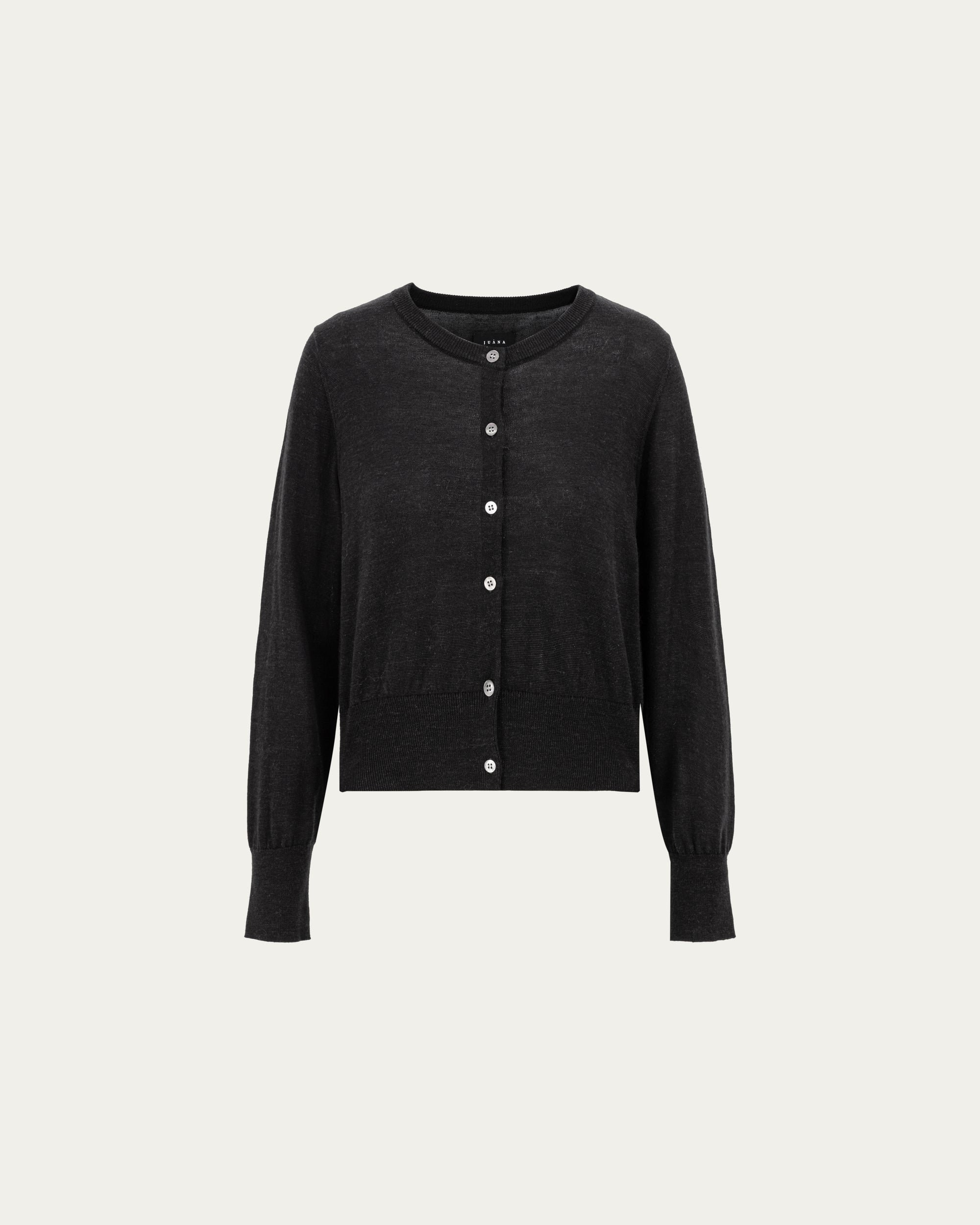 Liora Knitted Hemp Cardigan (black) on ghost mannequin, front view highlighting natural shell buttons and waist-framing silhouette..