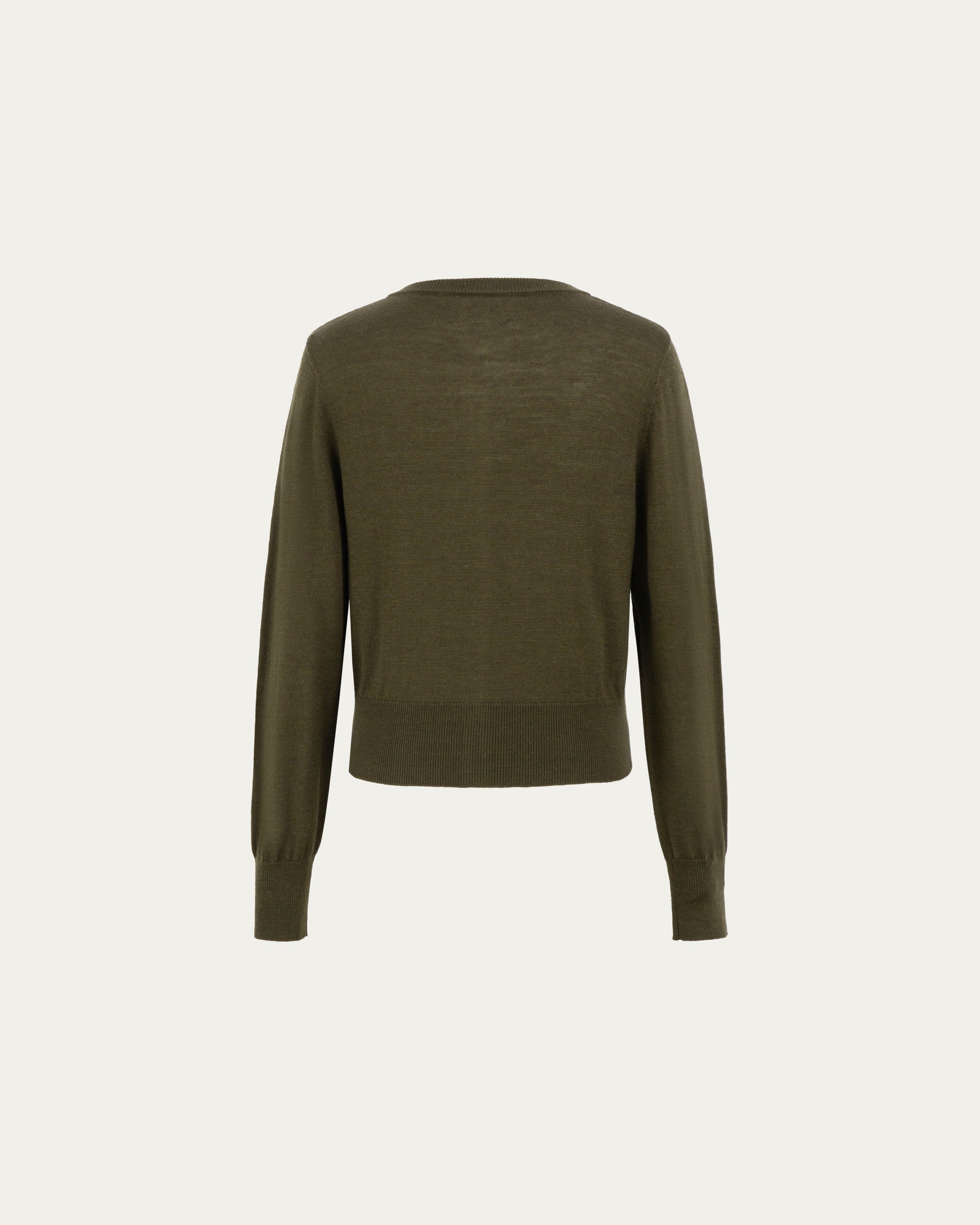 Liora Knitted Hemp Cardigan (camo green) on ghost mannequin, back view showing refined drape and clean lines.