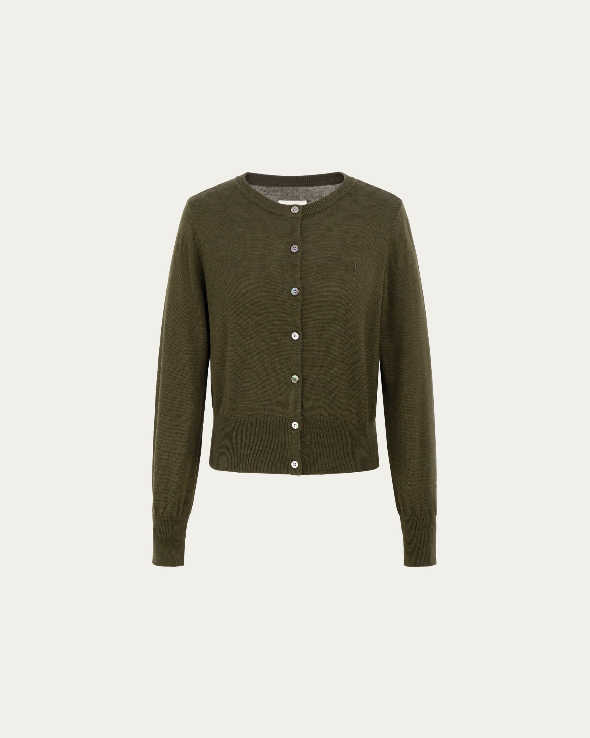 Liora Knitted Hemp Cardigan (camo green) on ghost mannequin, front view highlighting natural shell buttons and waist-framing silhouette..