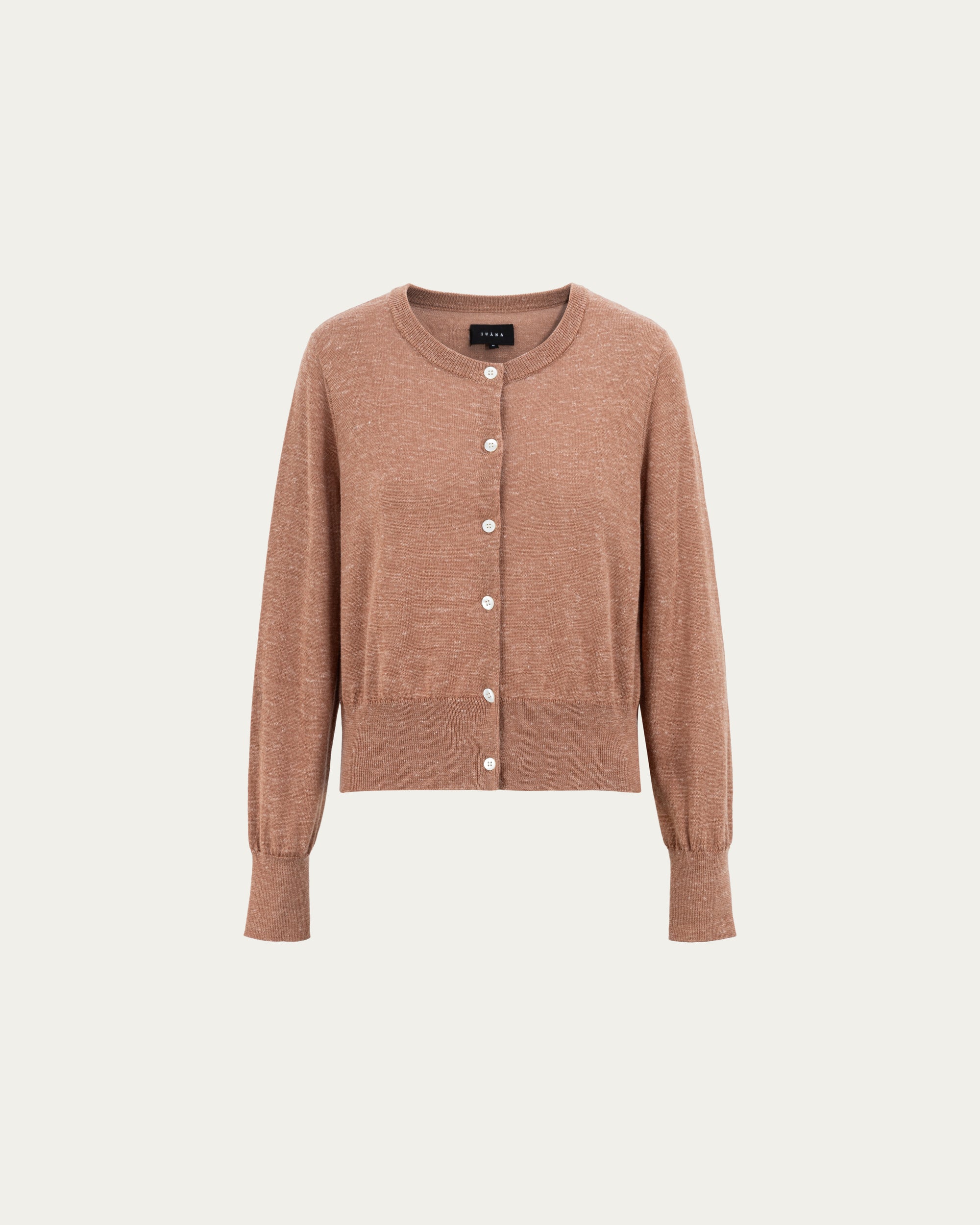 Liora Knitted Hemp Cardigan (chestnut) on ghost mannequin, front view highlighting natural shell buttons and waist-framing silhouette..