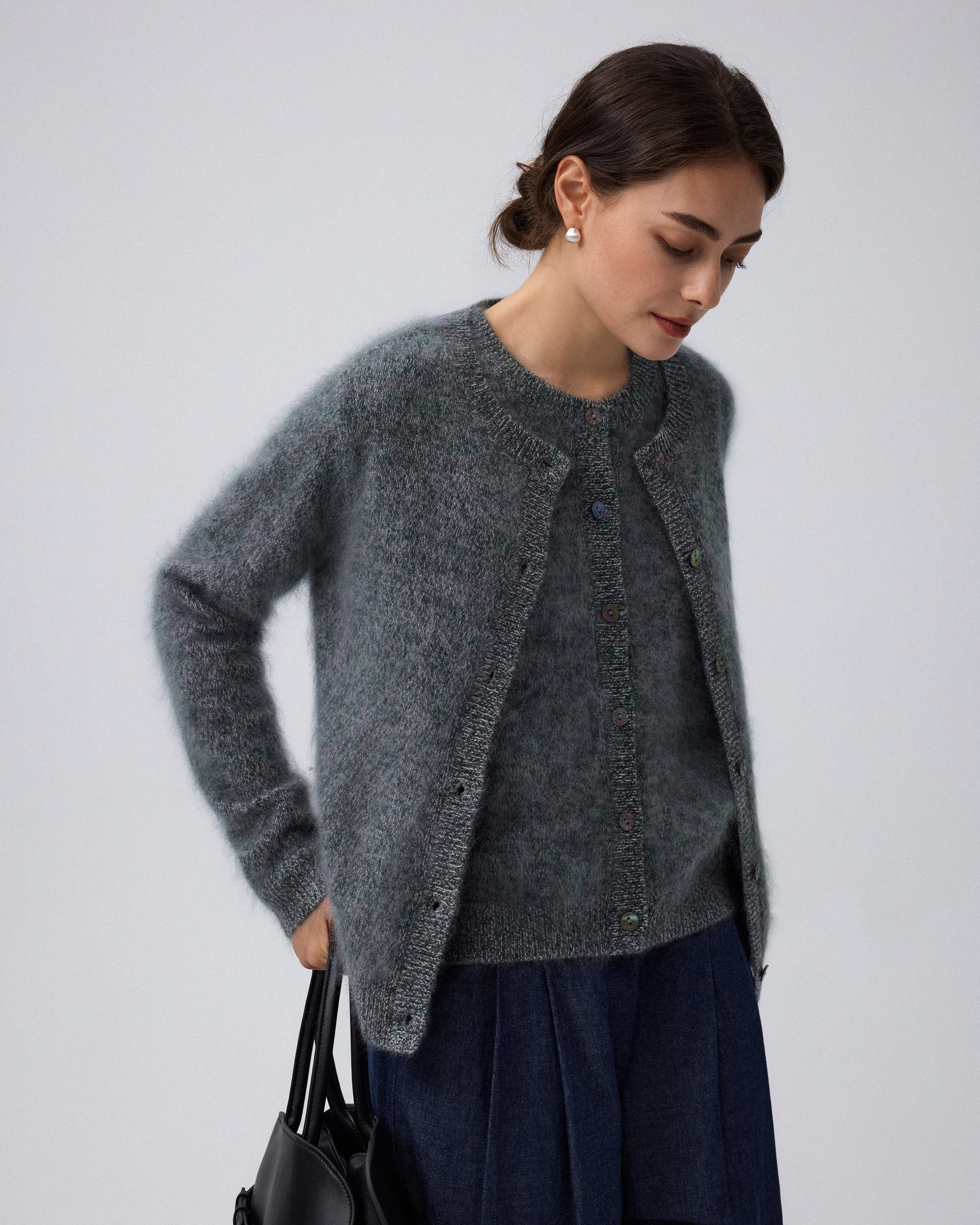 Juana Brushed Wool-Blend Vest in Forest Multi (wool–cashmere–silk) paired with the coordinating brushed cardigan