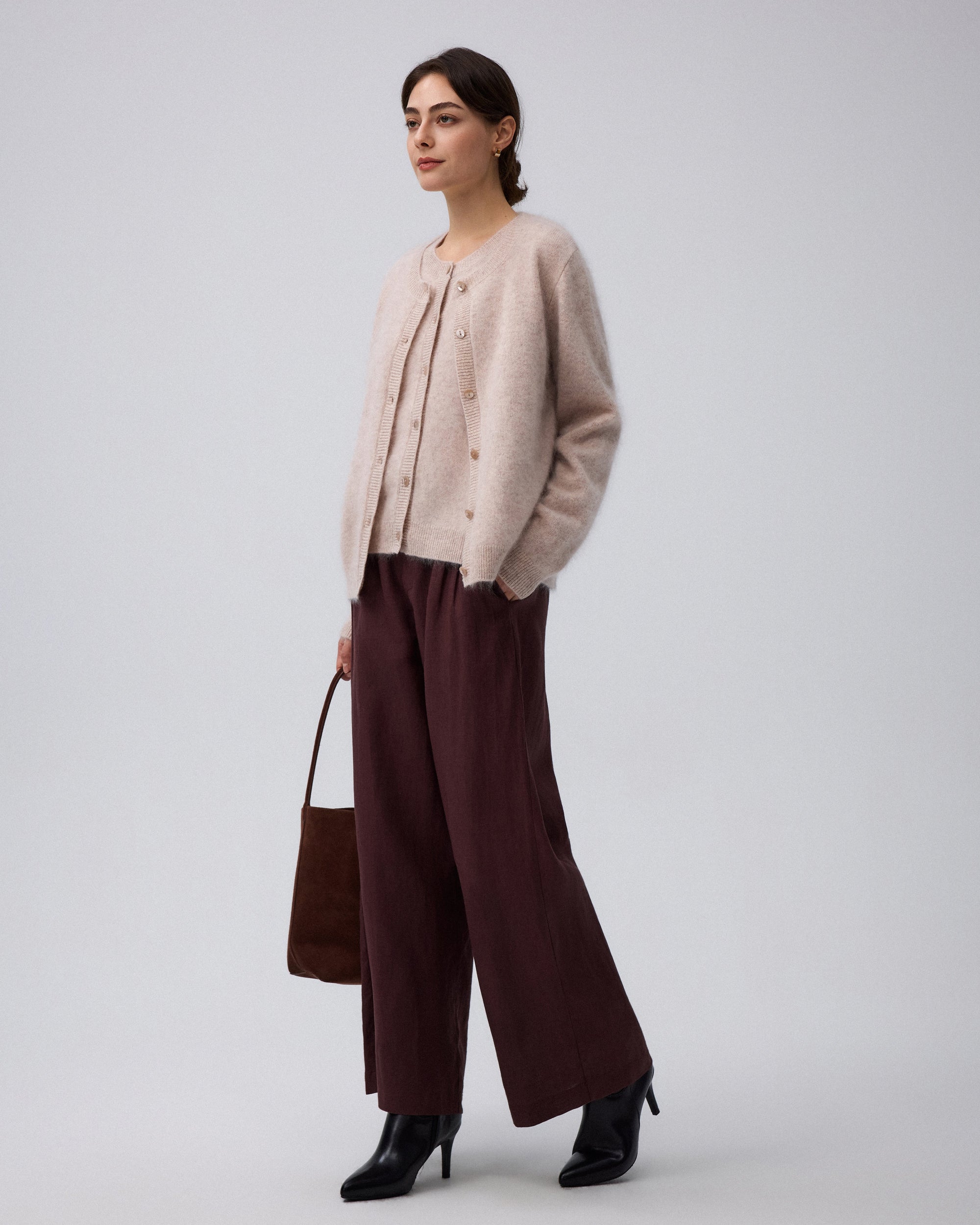 Juana Brushed Wool-Blend Vest in Oatmeal Melange (wool–cashmere–silk) paired with the coordinating brushed cardigan