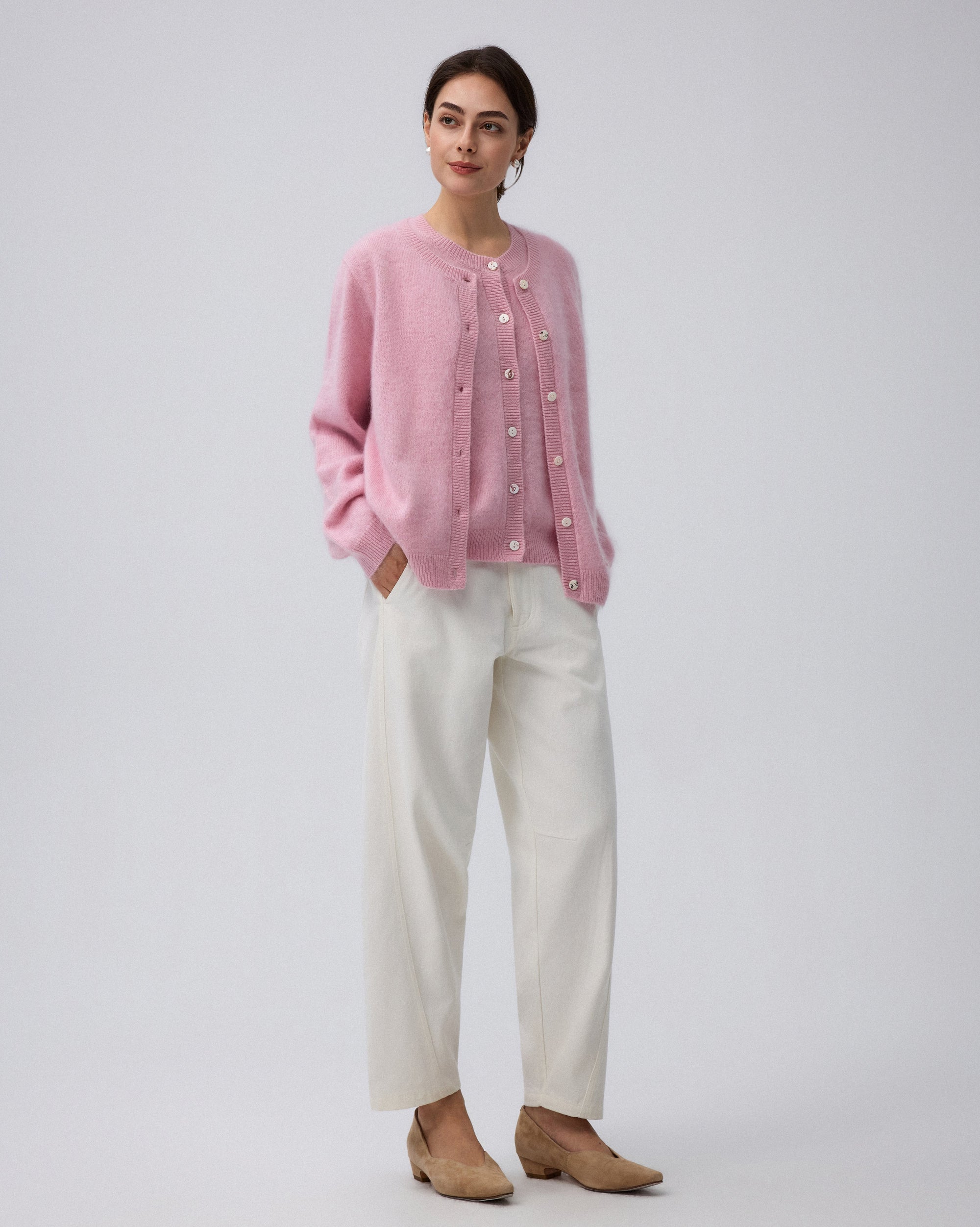 Juana Brushed Wool-Blend Vest in Vintage Pink (wool–cashmere–silk) paired with the coordinating brushed cardigan
