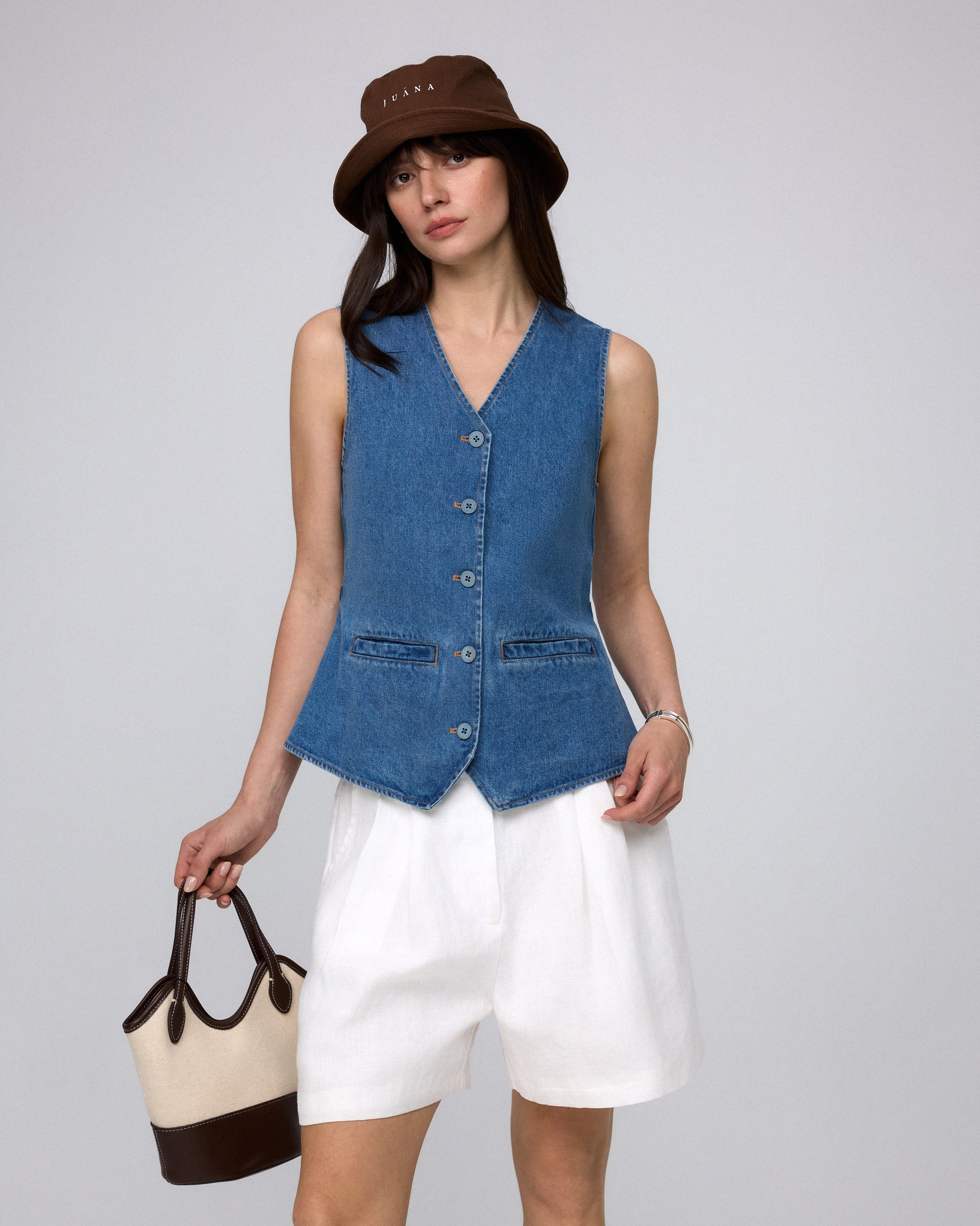 Juana Denim Atelier Vest light blue denim (hemp–cotton) complete look styled with Juana Hemp Retreat Shorts