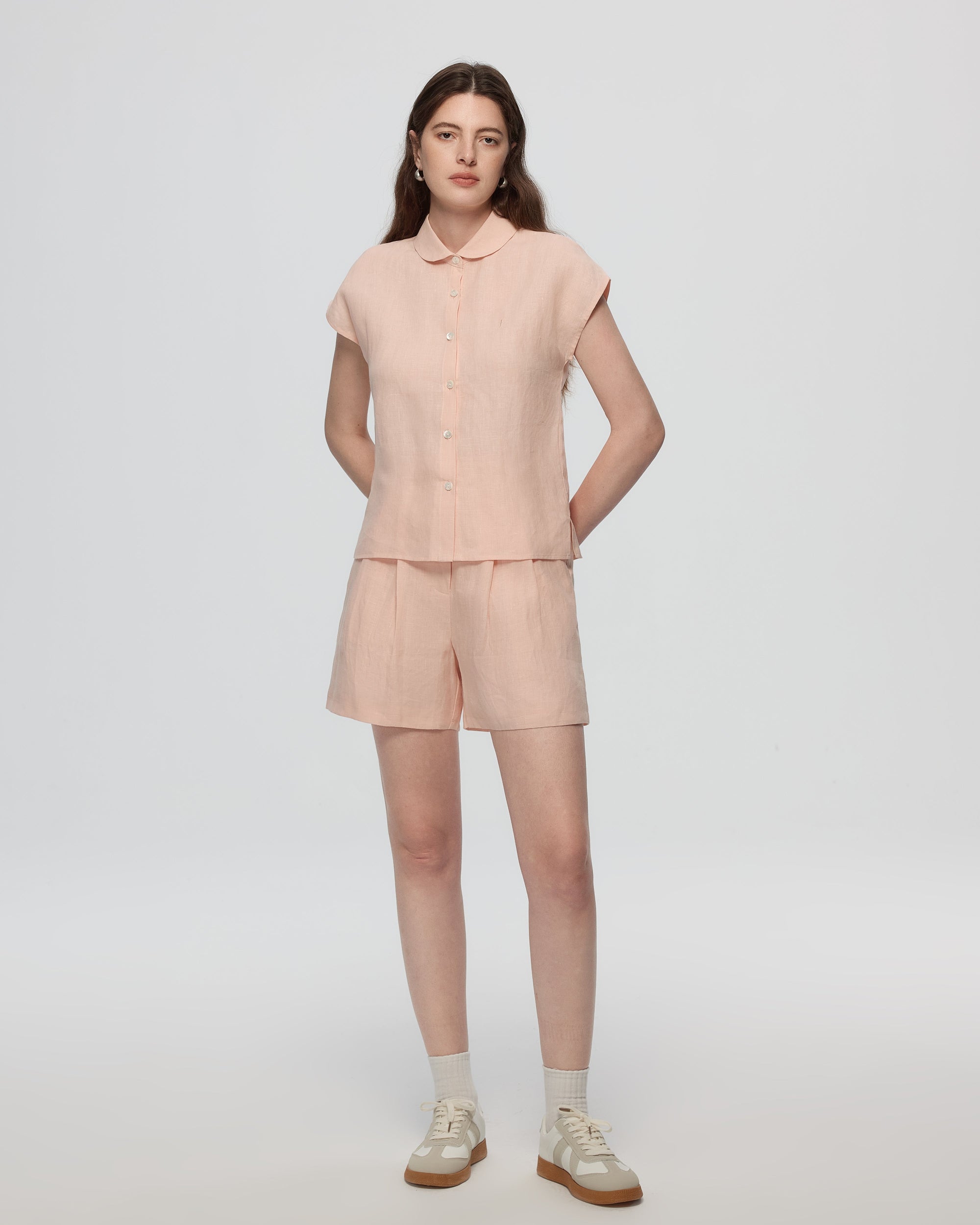 Juana look Hemp Retreat Top peach plus Hemp Retreat Shorts (hemp) matching set with shell buttons