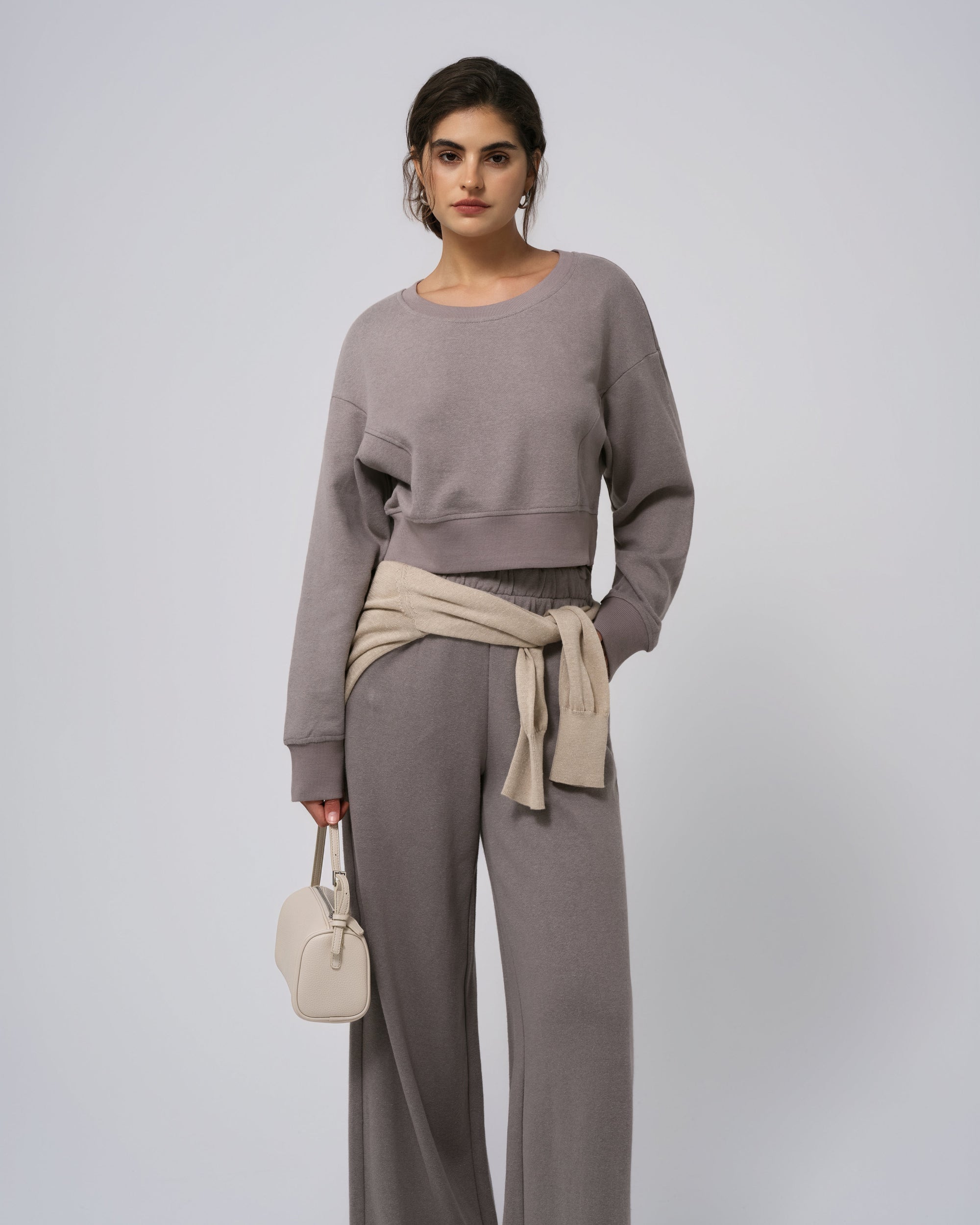 Model wearing coordinated Off Hours set in gray (hemp–Tencel™); full co‑ord front view.