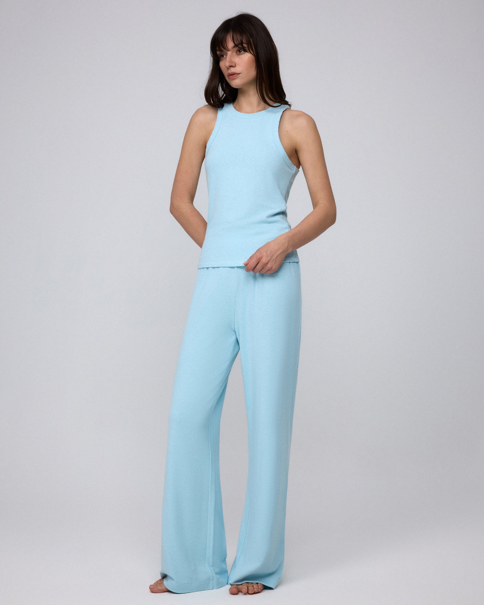 Juana look Selene Lounge Pants sky blue plus Selene Tank sky blue with coordinated rib knit set styling