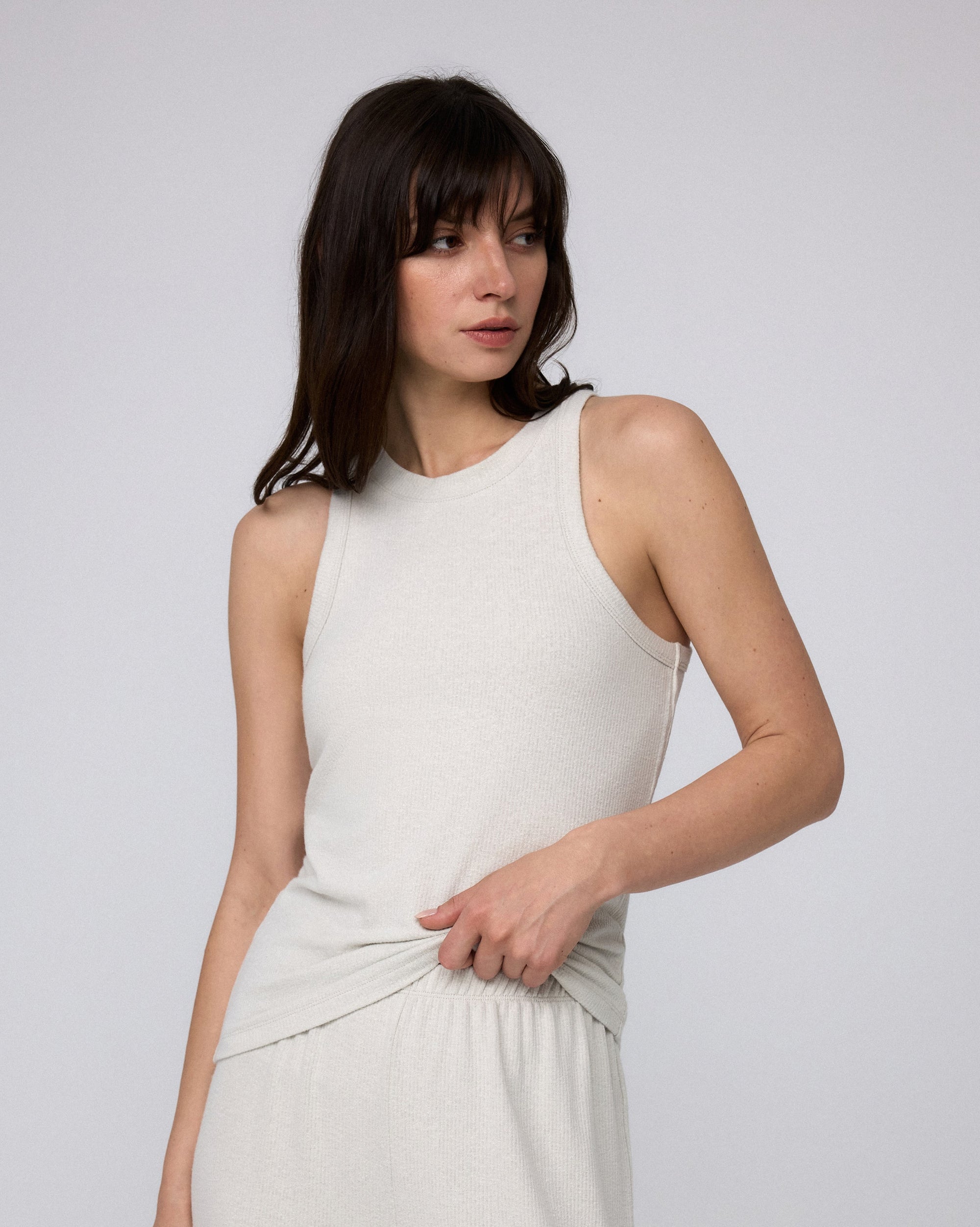 Juana Selene Tank cement with Selene Lounge Pants gray complete look showing matching set styling