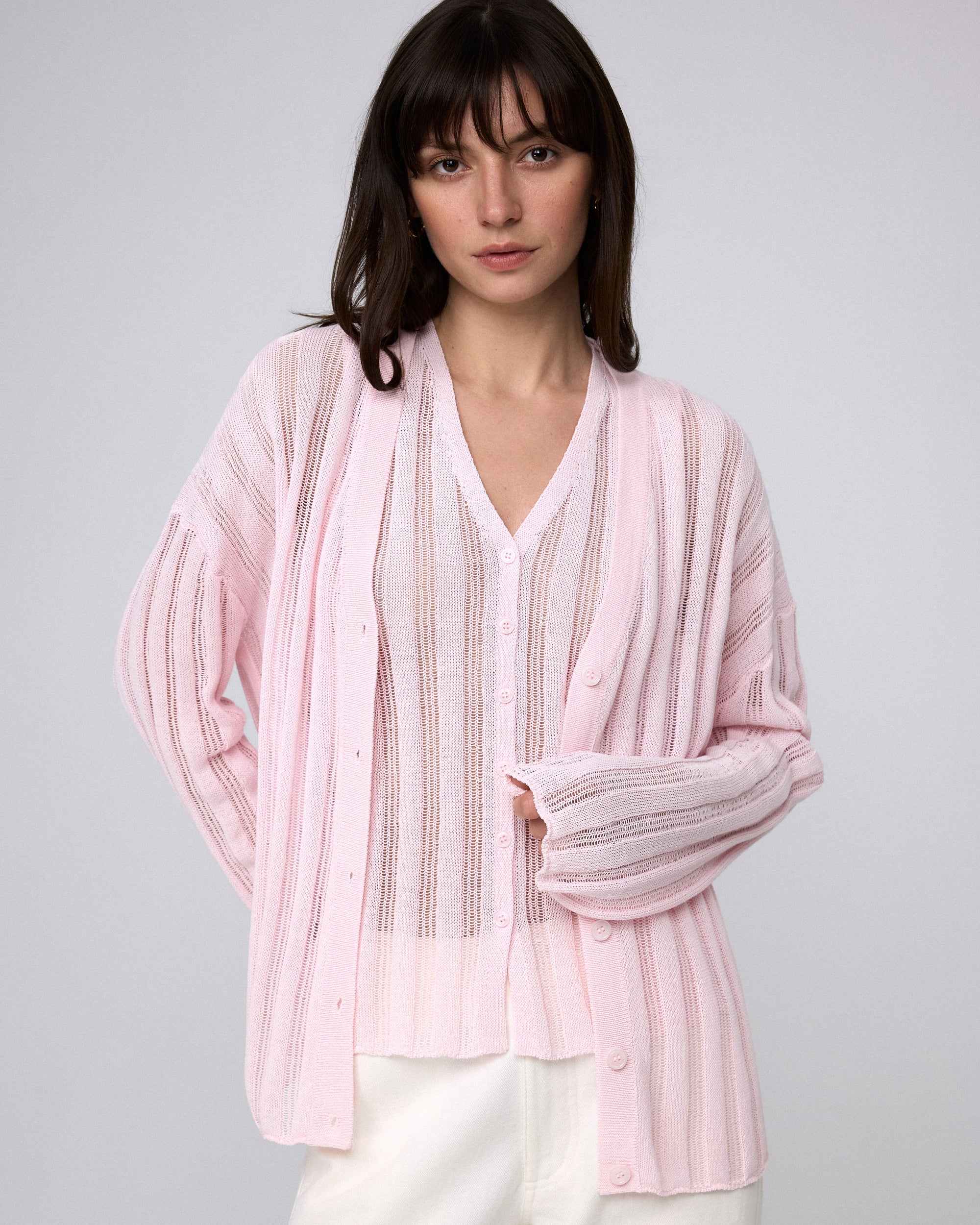 Juana Sumire Open Knit Striped Cardigan light pink (cotton–cellulose–rayon blend) styled with matching tank in complete look