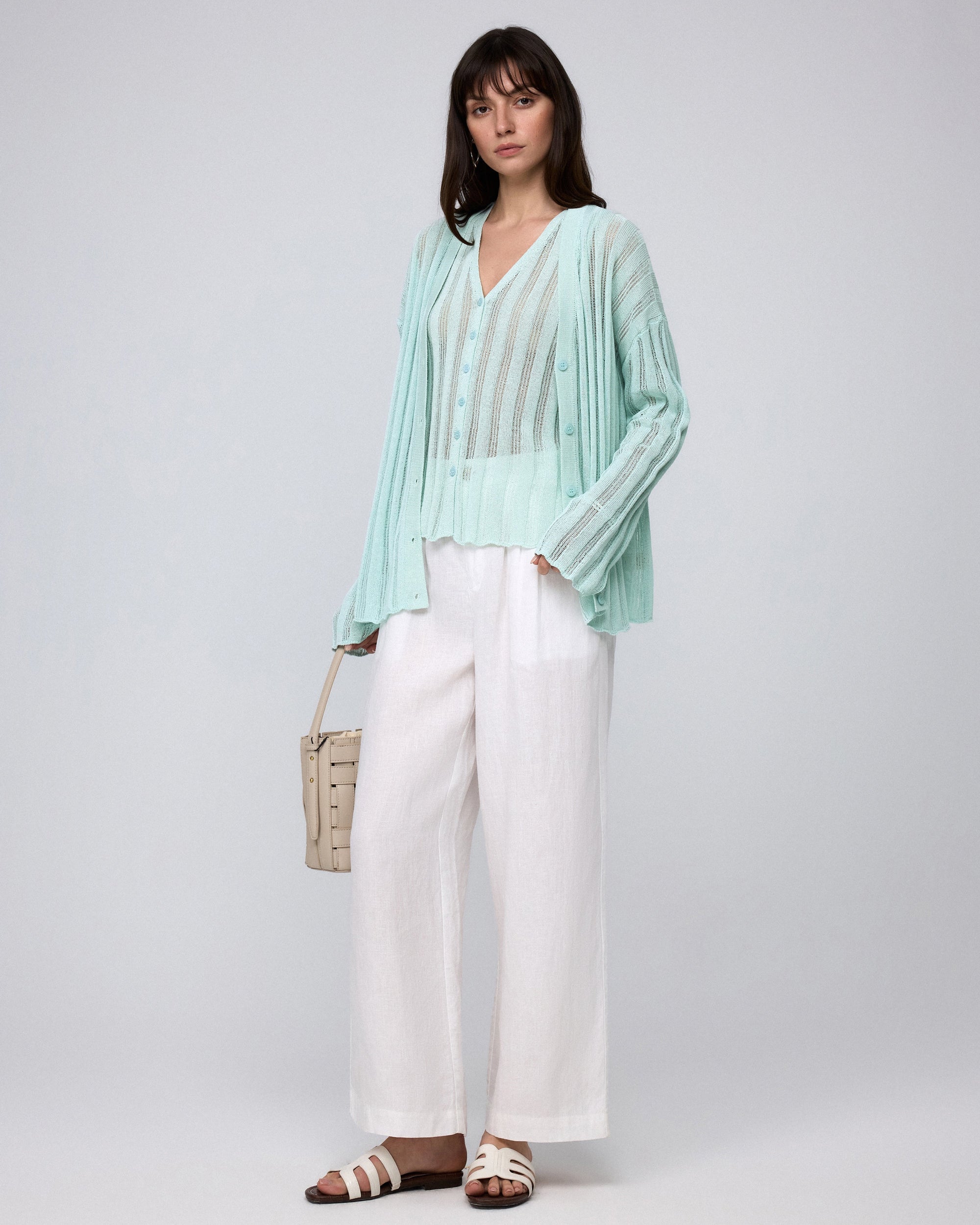 Juana Sumire Open Knit Striped Cardigan seafoam (cotton–cellulose–rayon blend) styled with matching tank in complete look
