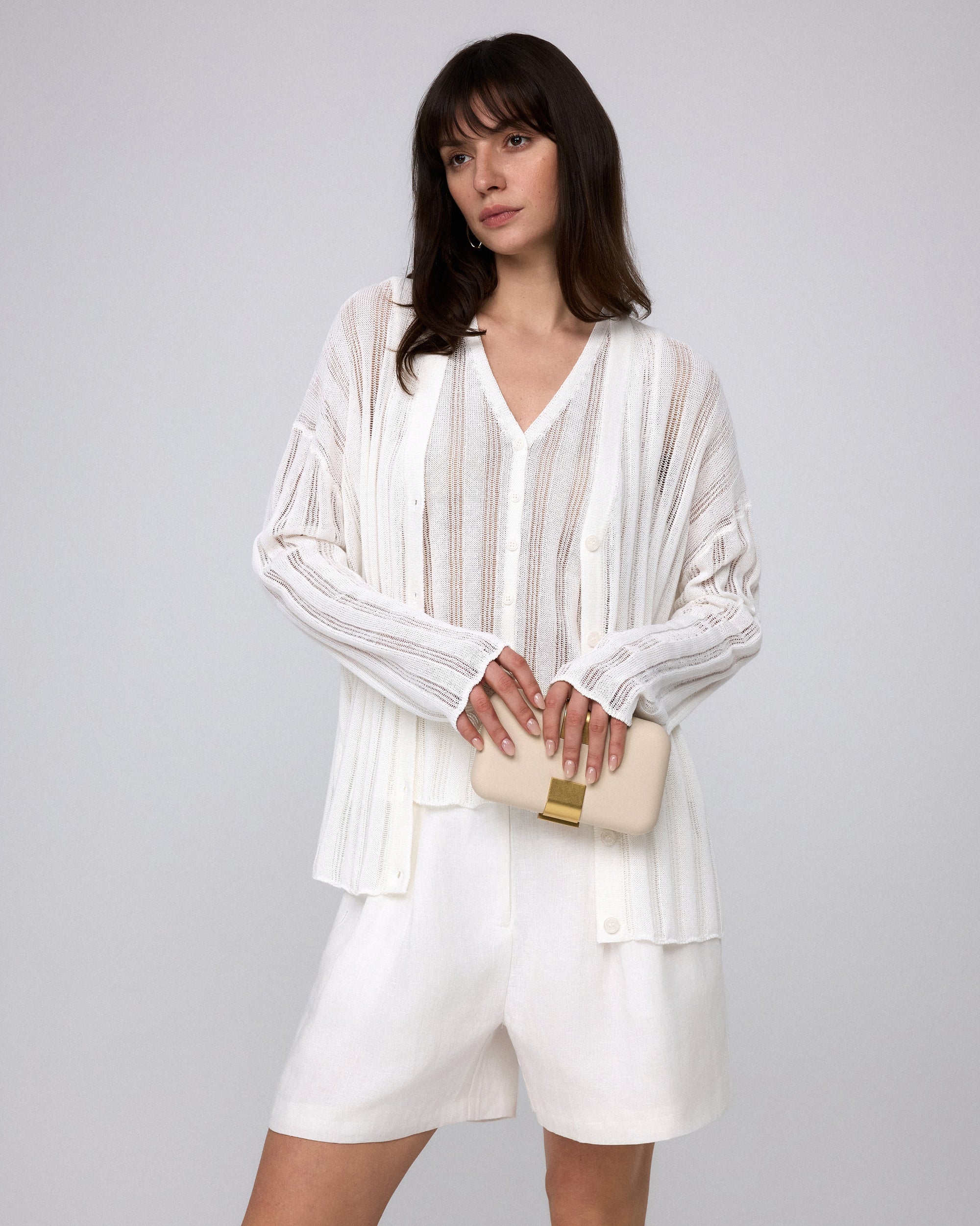 Juana Sumire Open Knit Striped Cardigan white (cotton–cellulose–rayon blend) styled with matching tank in complete look