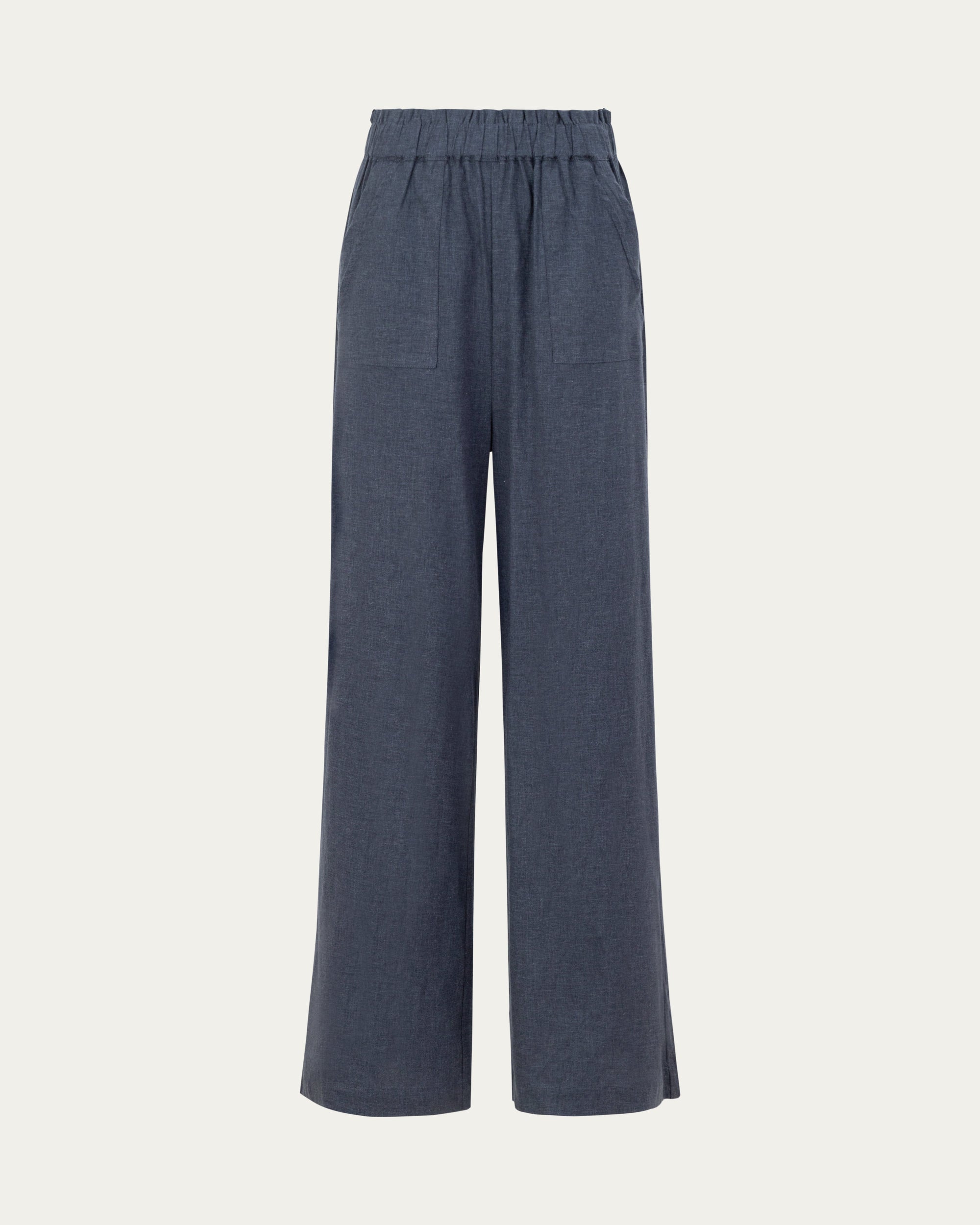 Lyricist High Rise Pull-on Pants in indigo blue on ghost mannequin, front view highlighting high-rise elastic waistband and relaxed leg.