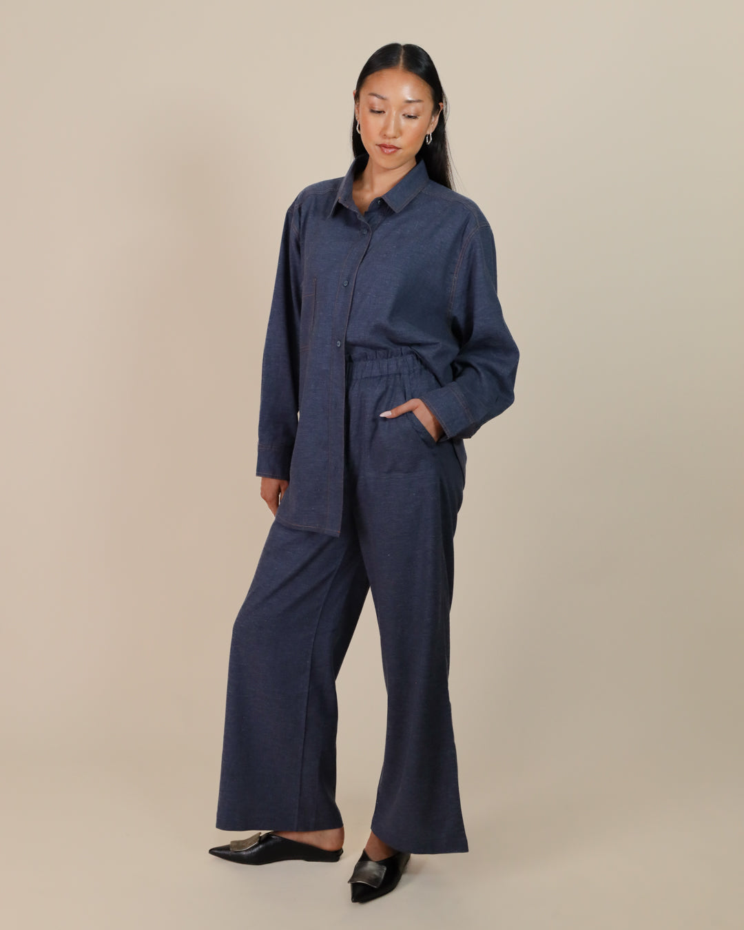 Full-body view of Juana Lyricist High Rise Pull-on Pants with matching oversized shirt for a coordinated outfit.