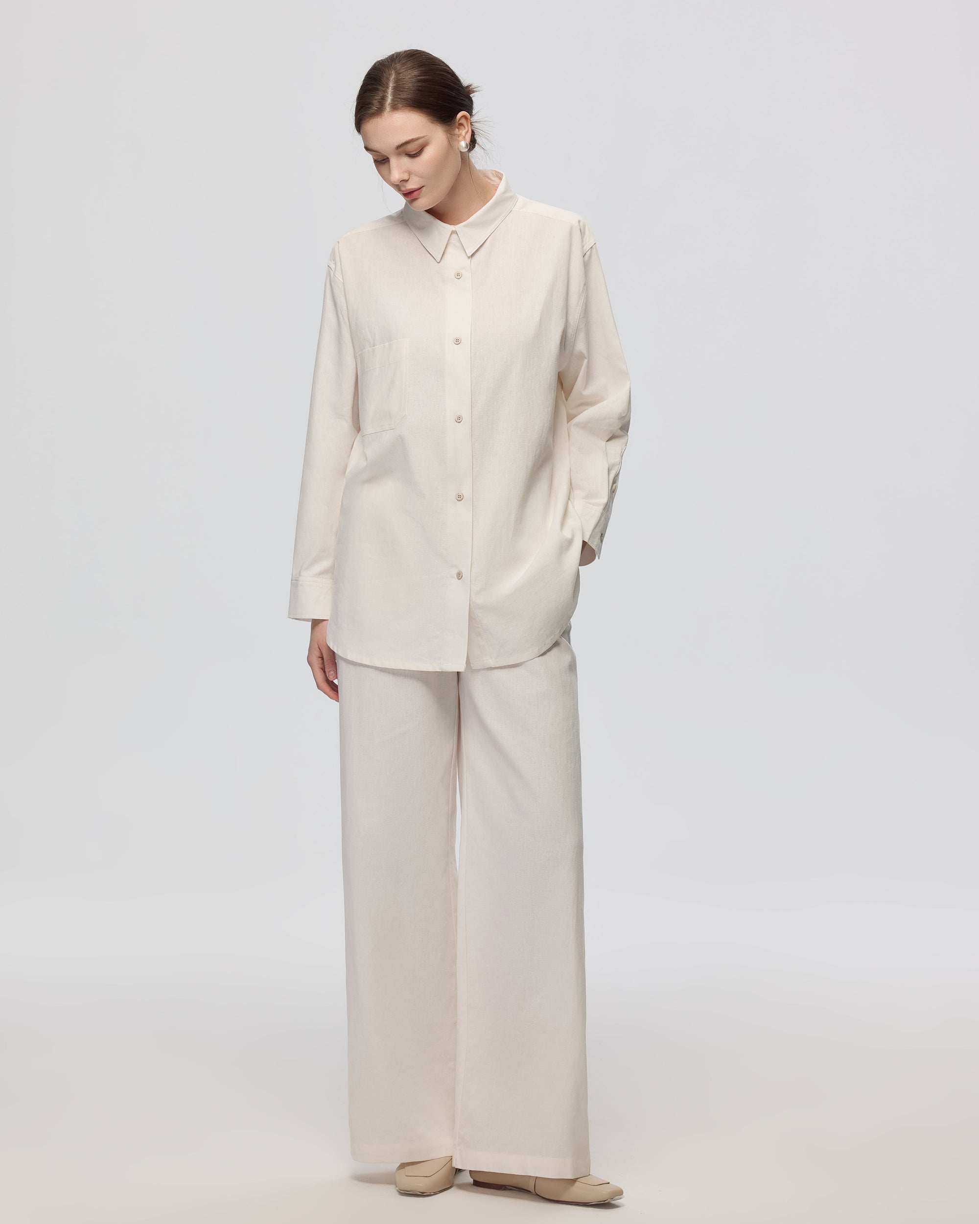 Juana Lyricist Natural High Rise Pull-on Pants White (hemp–cotton) wide leg fit on model