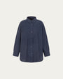 Lyricist Oversized Shirt in indigo blue on ghost mannequin, front view highlighting oversized cut and button placket.